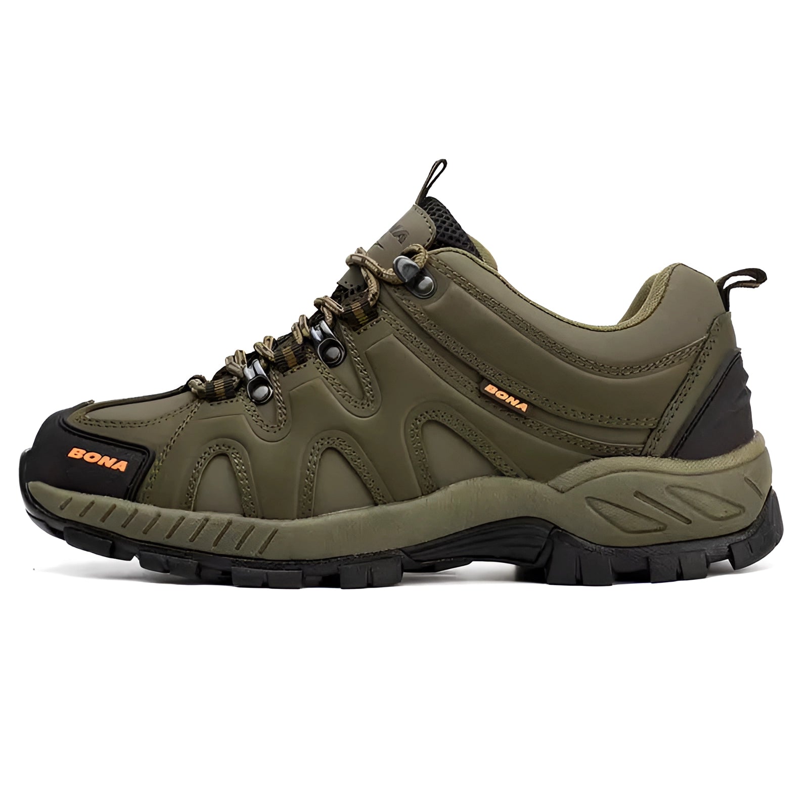 Brown and grey BONA durable trail running shoes designed for outdoor activities, featuring a breathable, non-slip, and water-resistant construction.