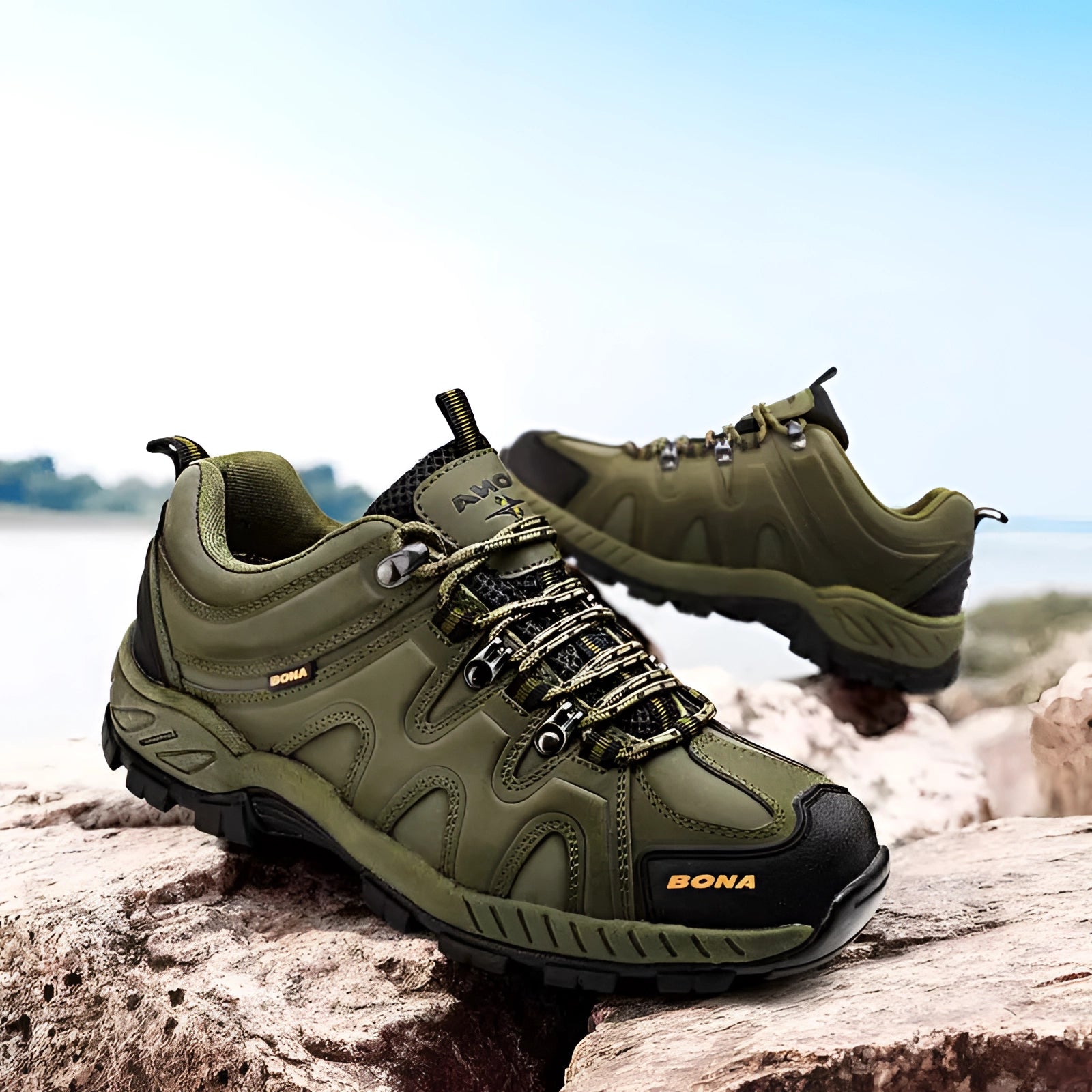 Durable grey trail running shoes designed for outdoor activities, featuring breathable material, non-slip soles, and water resistance, set against a natural landscape background.