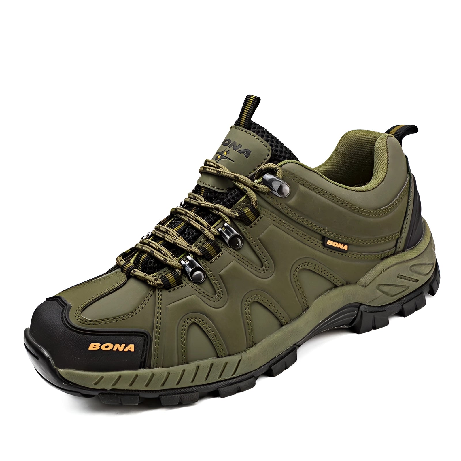 Durable trail running shoe in army green color featuring a breathable, non-slip, and water-resistant design, suitable for hiking and outdoor activities.