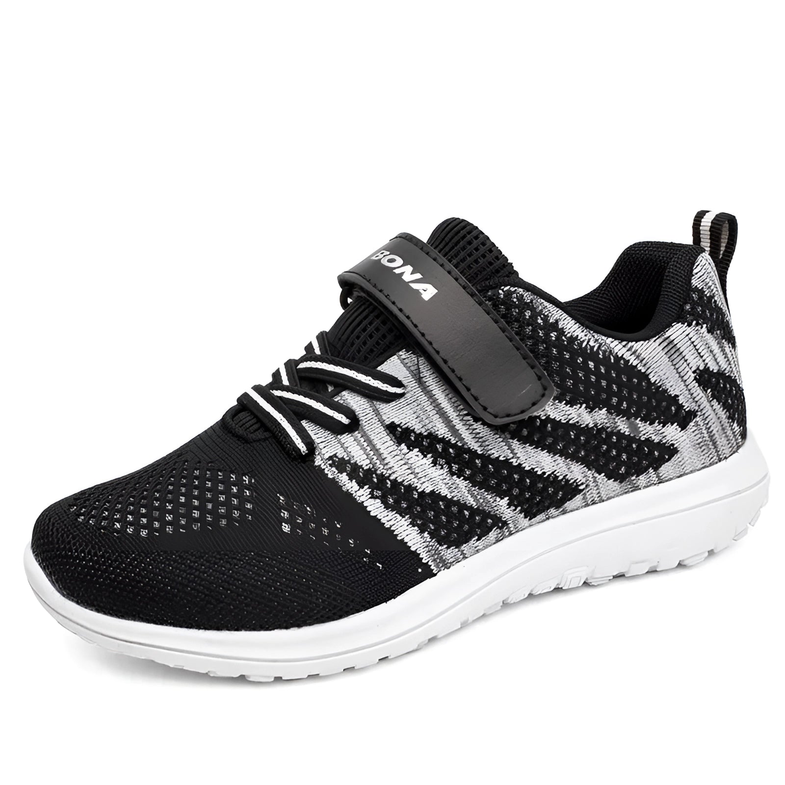 Black breathable mesh kids sneakers with a Velcro strap, featuring a sporty design ideal for walking and outdoor activities.