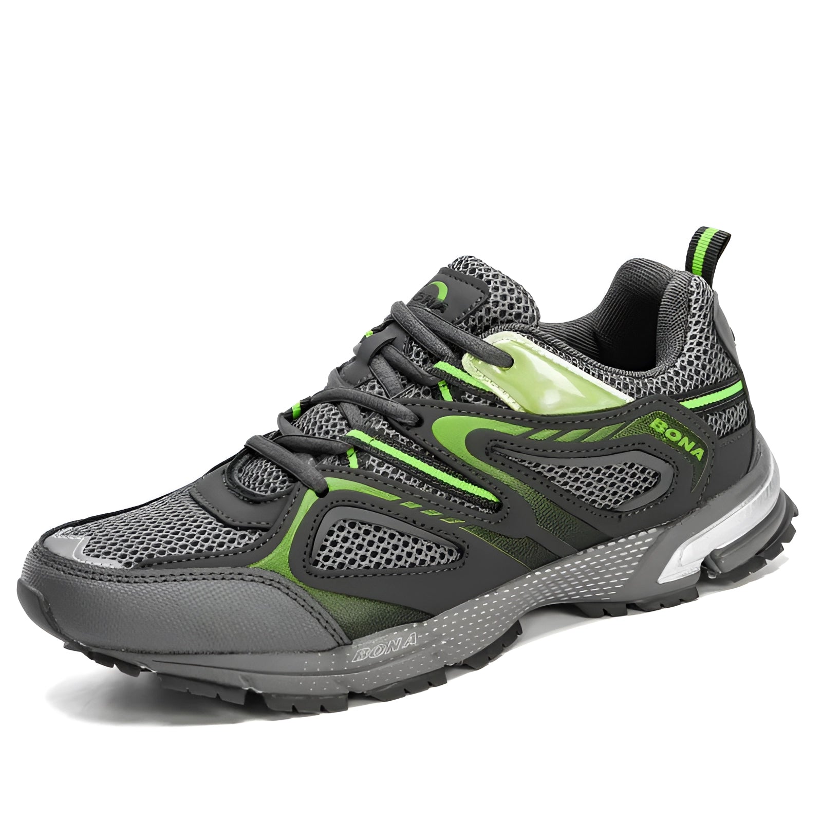 Breathable lightweight mesh running shoes in dark grey, designed for shock absorption and cross training.