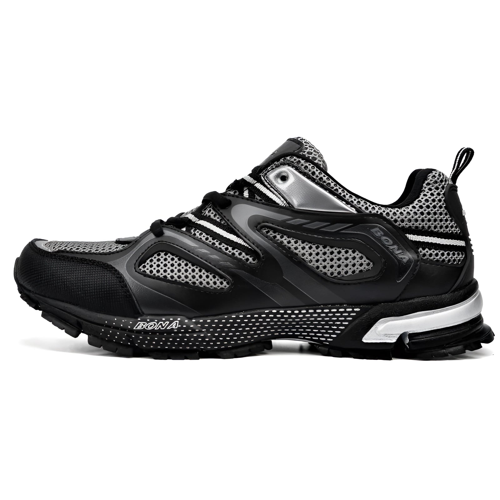 Breathable lightweight mesh running shoes in grey, designed for shock absorption, suitable for outdoor activities, walking, and sportswear.