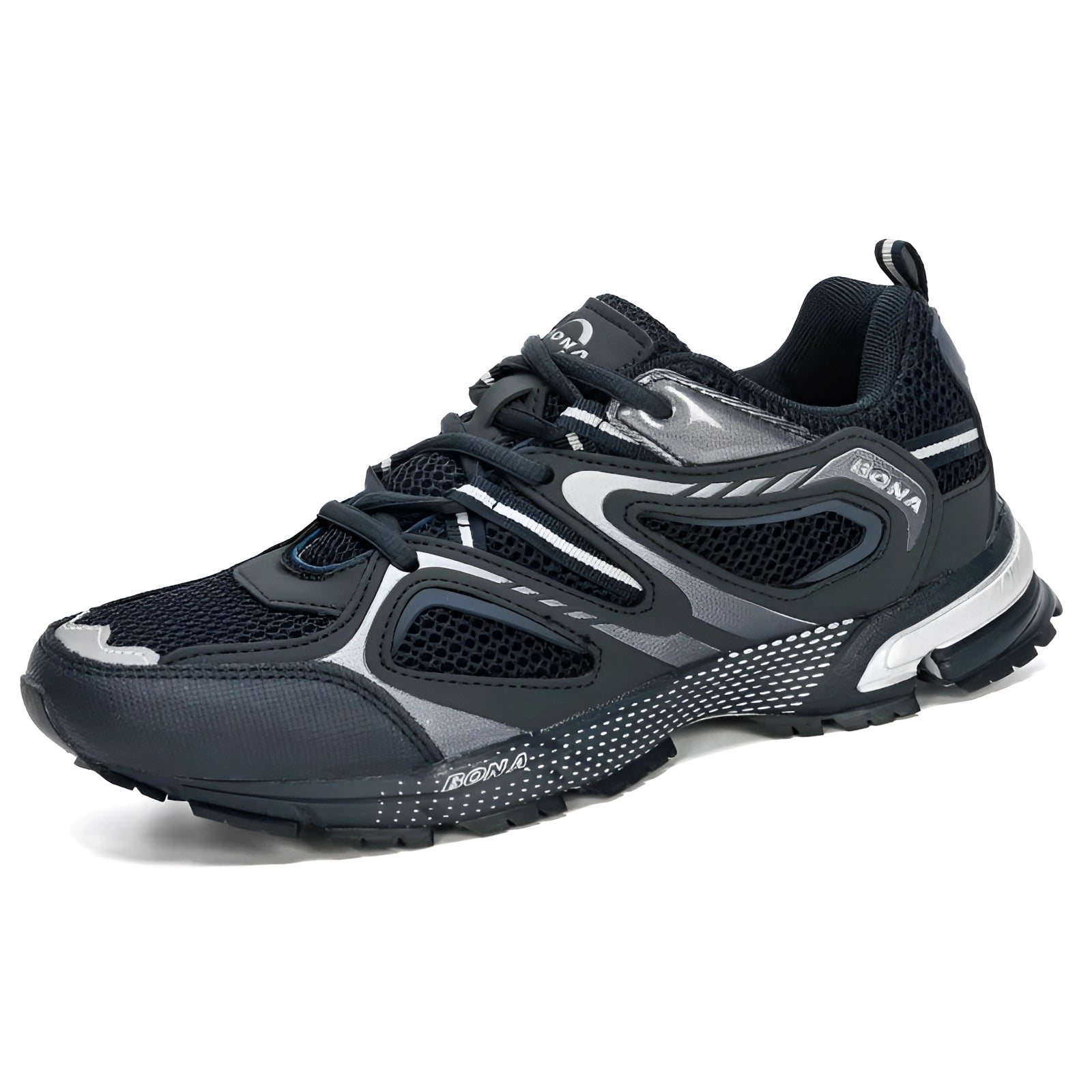 Breathable lightweight mesh running shoes in grey with electric blue accents, featuring a shock-absorbing sole, designed for sports and outdoor activities.