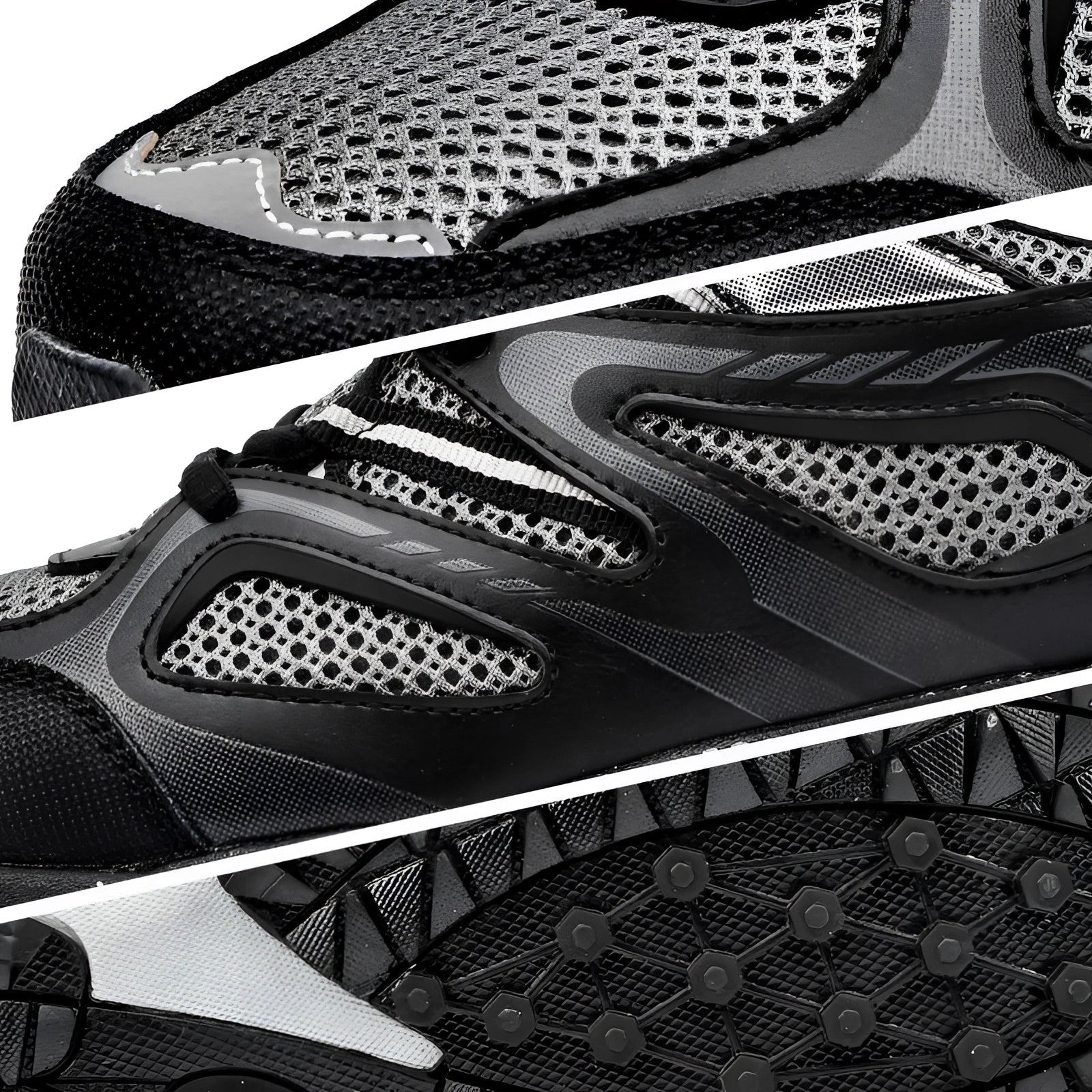 Breathable lightweight mesh running shoes in a black, white, and grey color scheme, designed as shock-absorbing sneakers suitable for outdoor activities and walking.