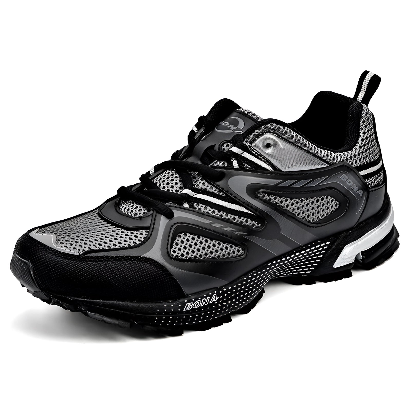 Breathable lightweight mesh running shoes in black and gray color, featuring a sleek design with shock-absorbing soles ideal for outdoor activities and walking.