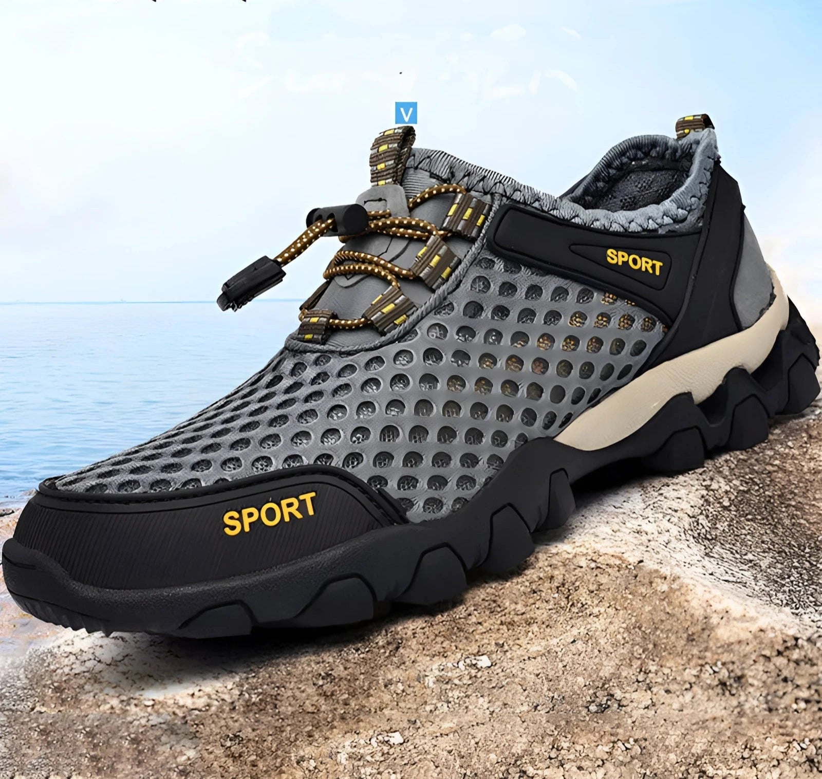 Breathable mesh water shoes in grey, designed for quick-dry and slip-resistant hiking, showcasing a rugged yet lightweight athletic design suitable for outdoor activities.