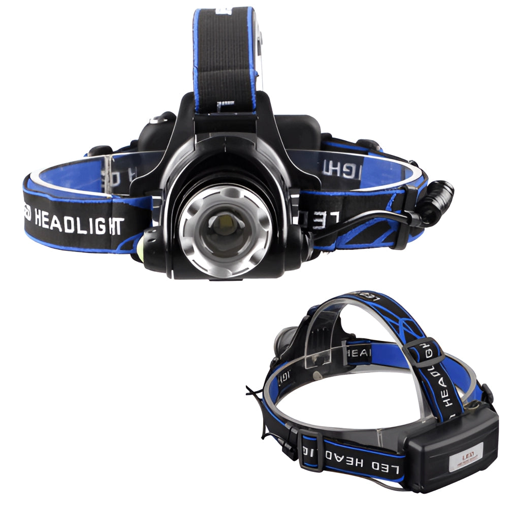 Bright adjustable LED headlamp with rechargeable battery, water-resistant design, and multiple lighting modes.