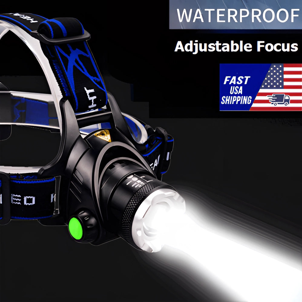 Bright adjustable LED headlamp, rechargeable and water-resistant, with multiple light modes, placed on a dark surface showcasing its design and features.