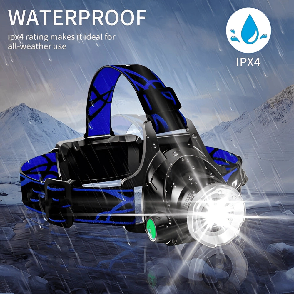 Rechargeable bright adjustable LED headlamp with multi-mode settings, attached to a vehicle hood, highlighting automotive lighting and design features.