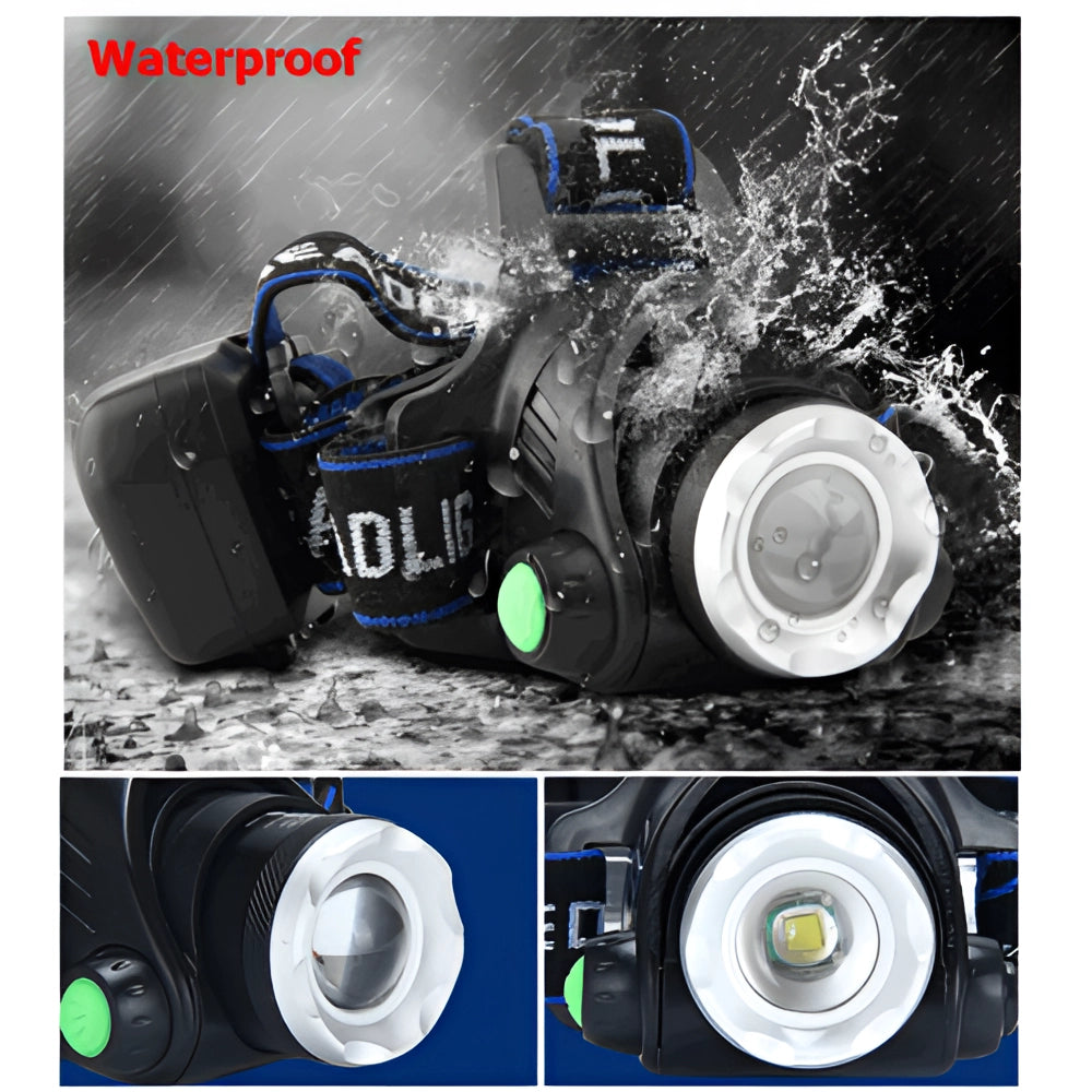 Bright Adjustable LED Headlamp - Rechargeable, Water-Resistant, Multi-Mode, shown illuminating a dark environment.