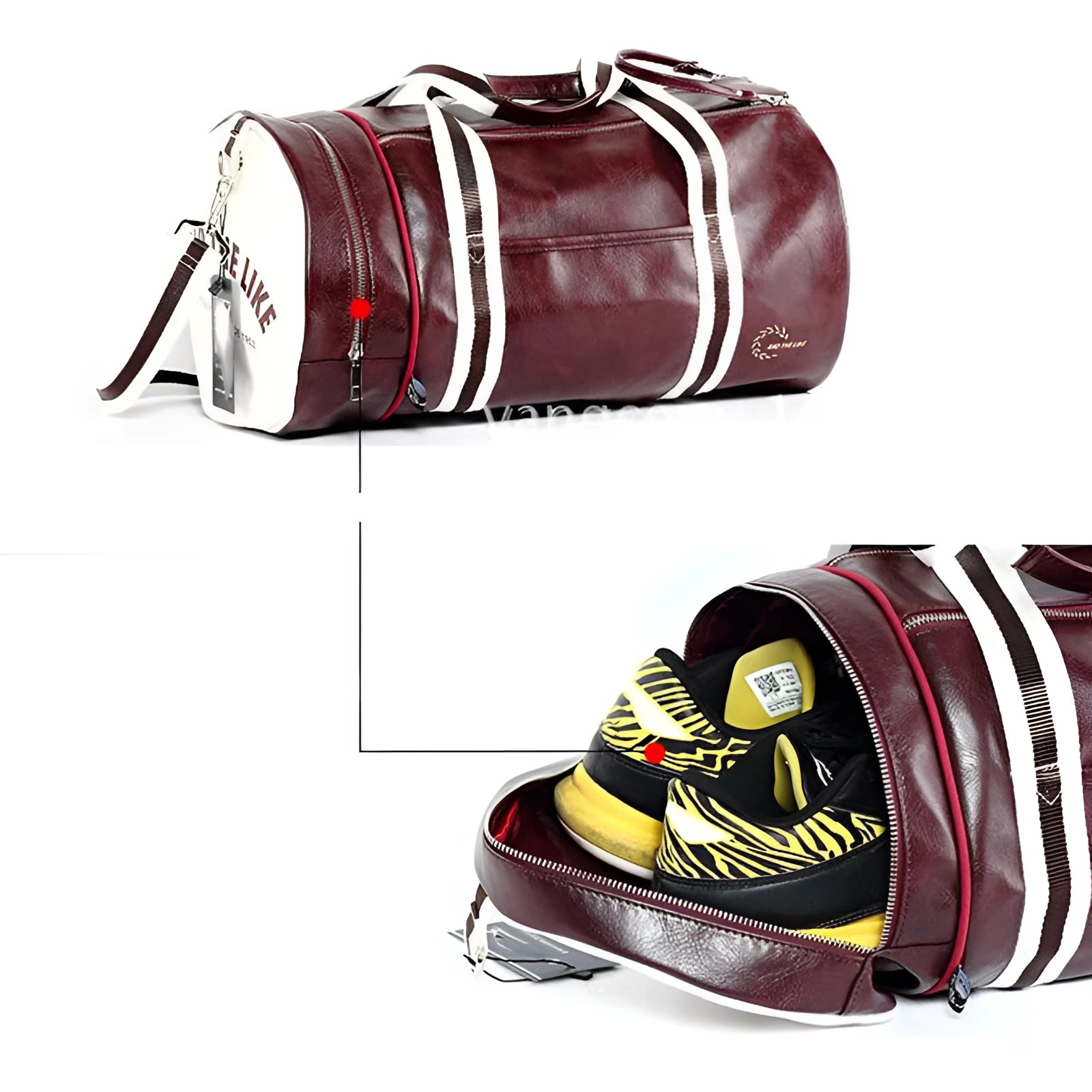 Burgundy leather duffel bag designed for men, suitable for travel and gym use, showcasing a luxurious and stylish appearance.