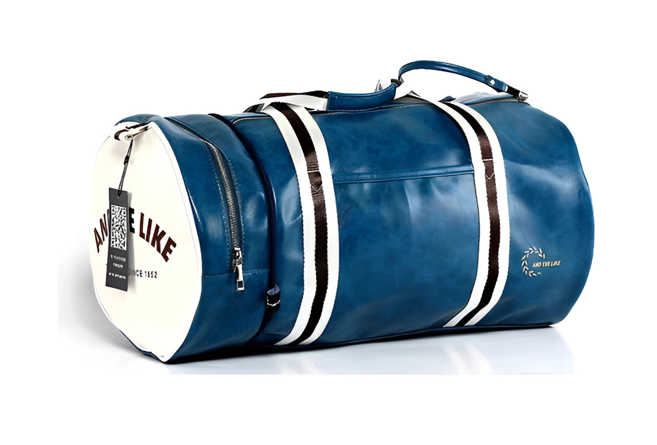 Electric blue leather duffel bag for men, designed as a luxury travel and gym accessory, featuring sturdy metal handles and a sleek modern logo.