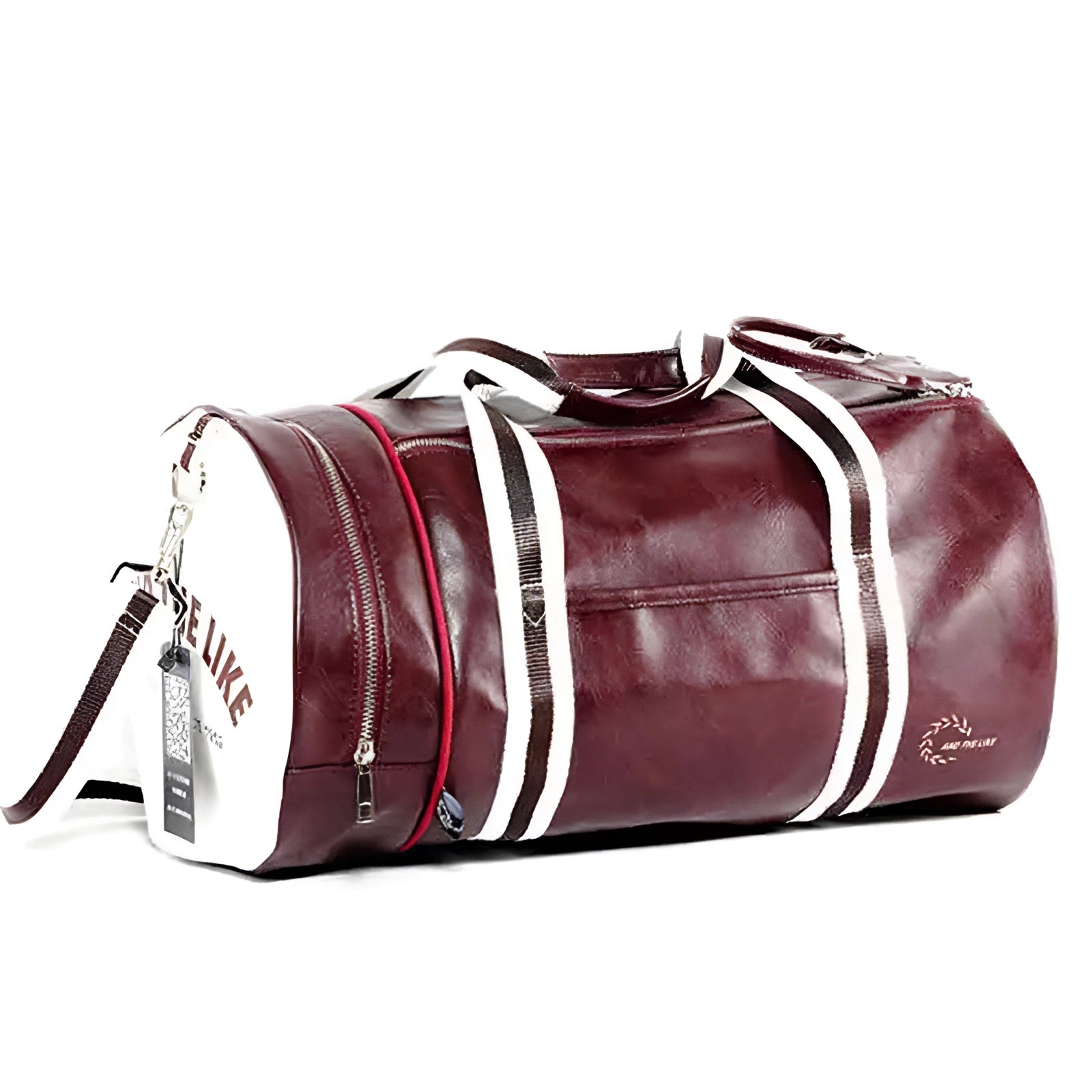 Burgundy leather duffel bag designed for men's travel and gym use, featuring luxurious craftsmanship, metal accents, and a sleek appearance.