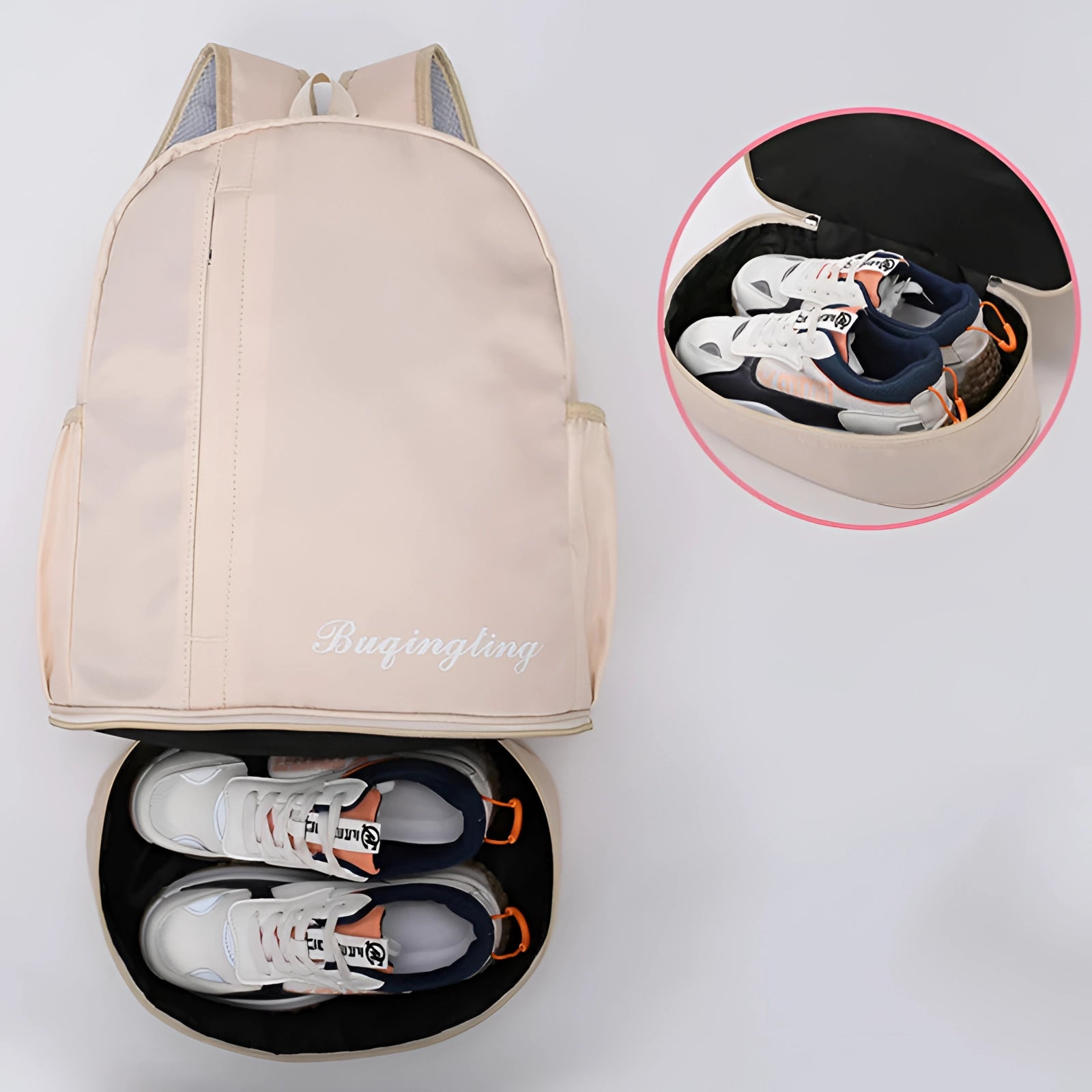 Pink backpack with white and grey accents featuring an odor-resistant shoe storage compartment, suitable for sports and travel use.