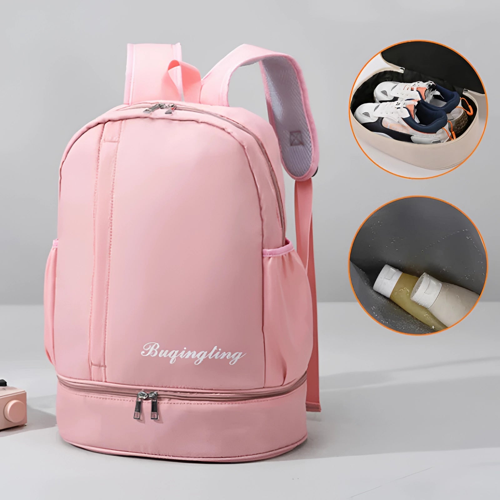 Pink backpack with odor-resistant shoe storage, featuring a sleek design and vibrant magenta color, ideal for fashion-forward individuals.