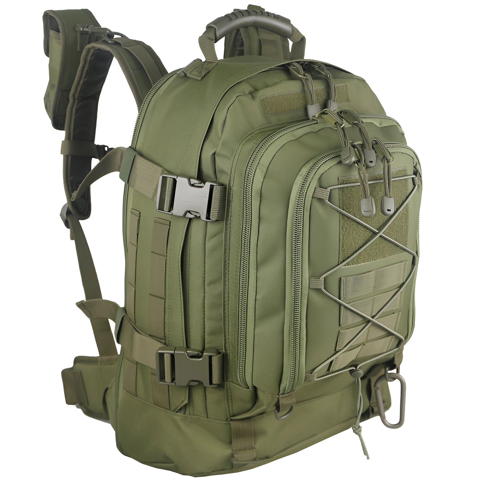 Camouflage military-grade tactical backpack with MOLLE webbing and hydration-ready feature, water-resistant material.