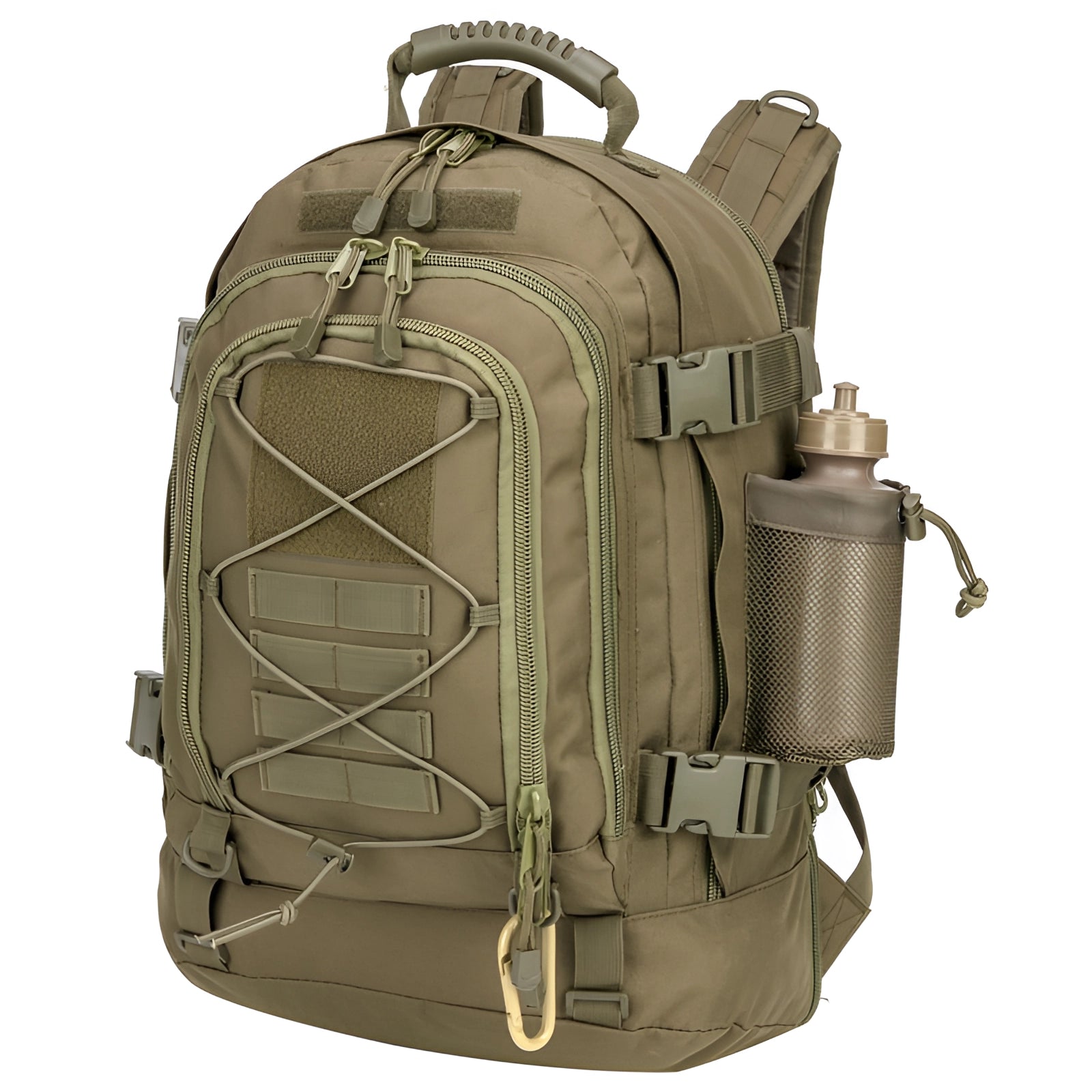 Army green camouflage military-grade tactical backpack with MOLLE webbing, water-resistant material, and hydration-ready feature.