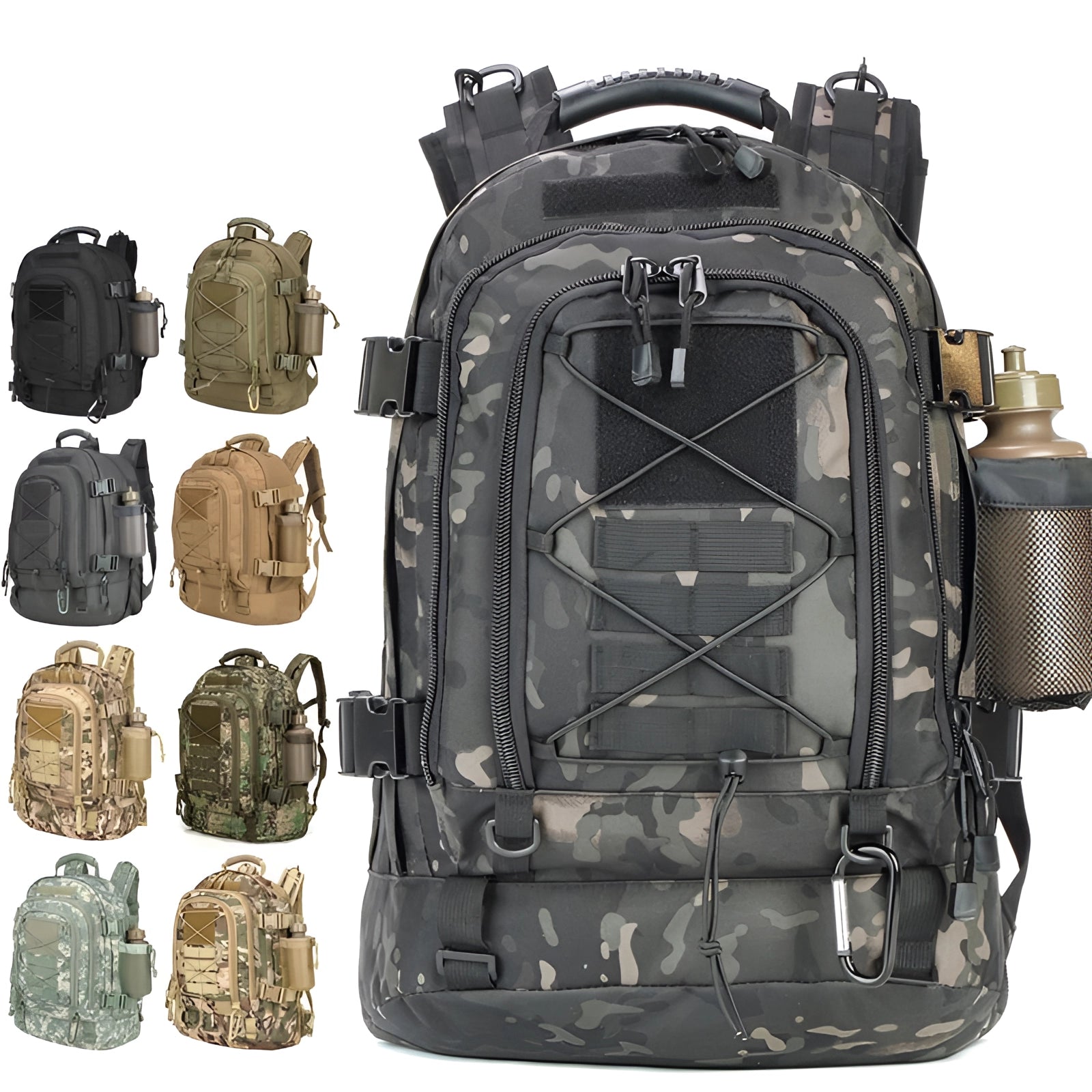 Camouflage military-grade tactical backpack with MOLLE system, water-resistant material, and hydration-ready compartment.