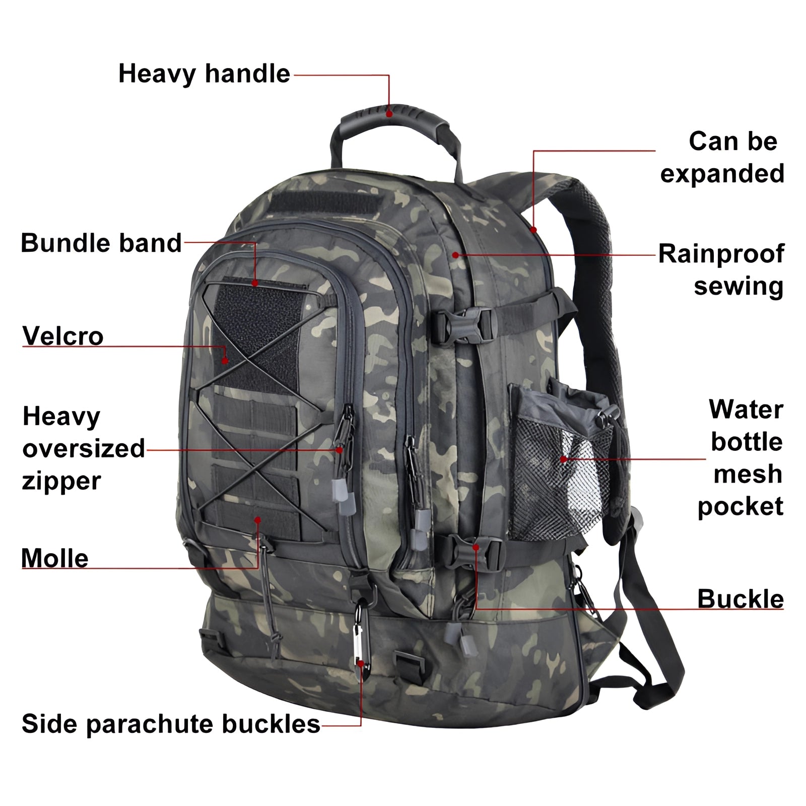 Camouflage military-grade tactical backpack featuring water-resistant material, MOLLE webbing, and hydration-ready design.