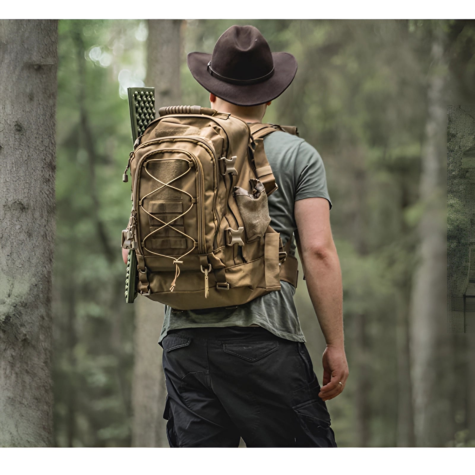 Camouflage military-grade tactical backpack with MOLLE webbing, water-resistant fabric, and hydration-ready, placed outdoors next to a sun hat and plants.