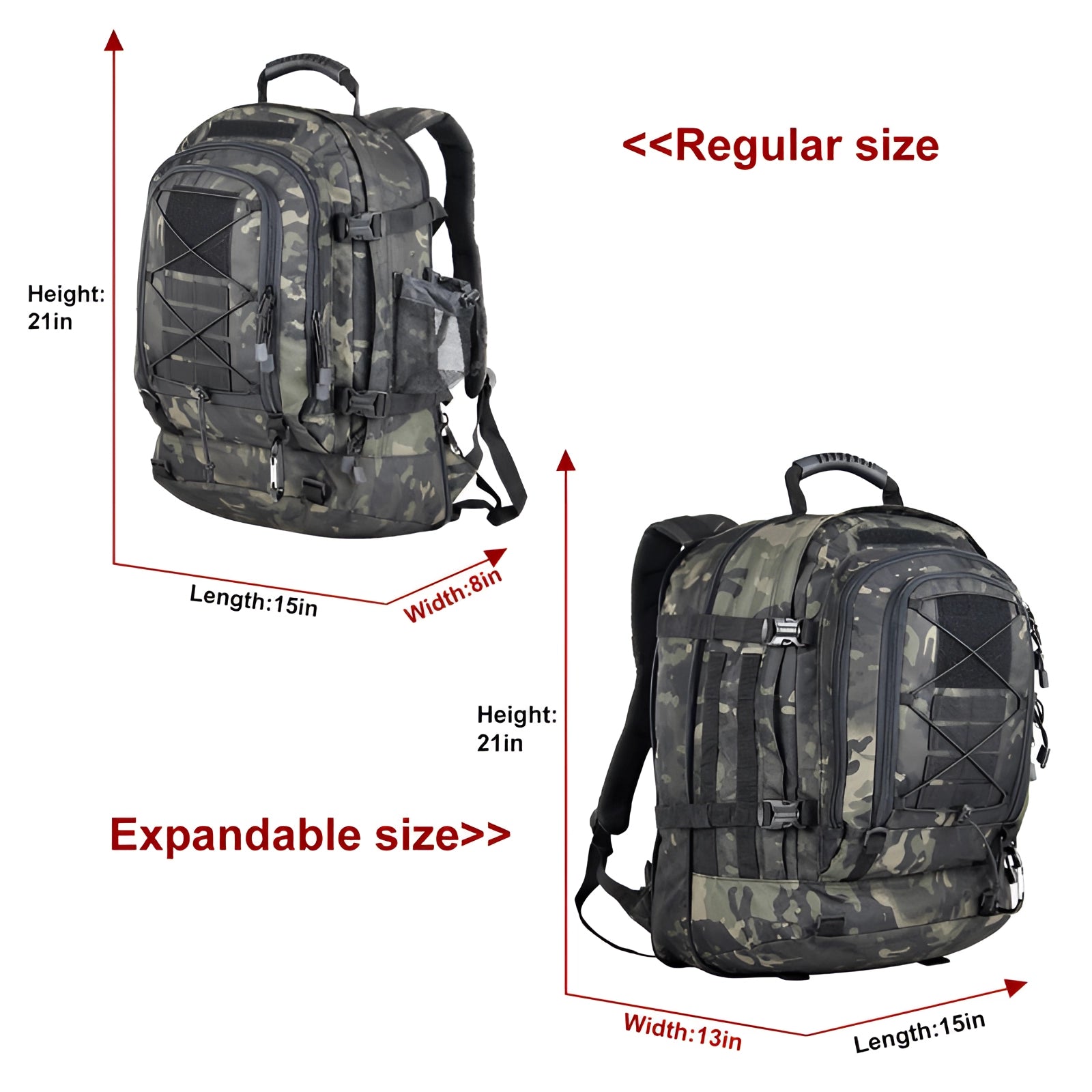 Camouflage military-grade tactical backpack with MOLLE webbing, water-resistant fabric, and hydration-ready compartment.