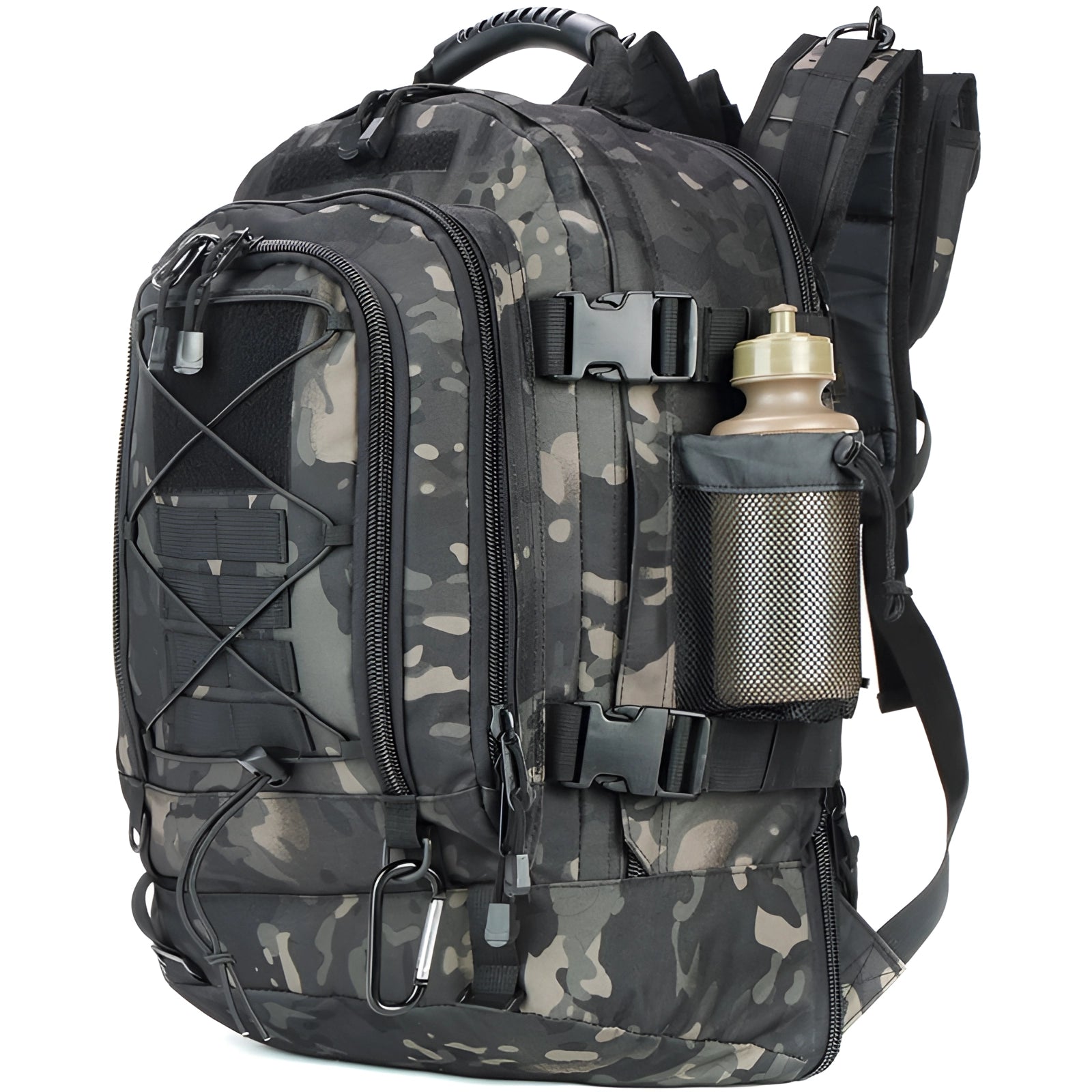 Black Camo Military-Grade Tactical Backpack - Water-Resistant, MOLLE system, Hydration-Ready, displayed against a rugged outdoor background.