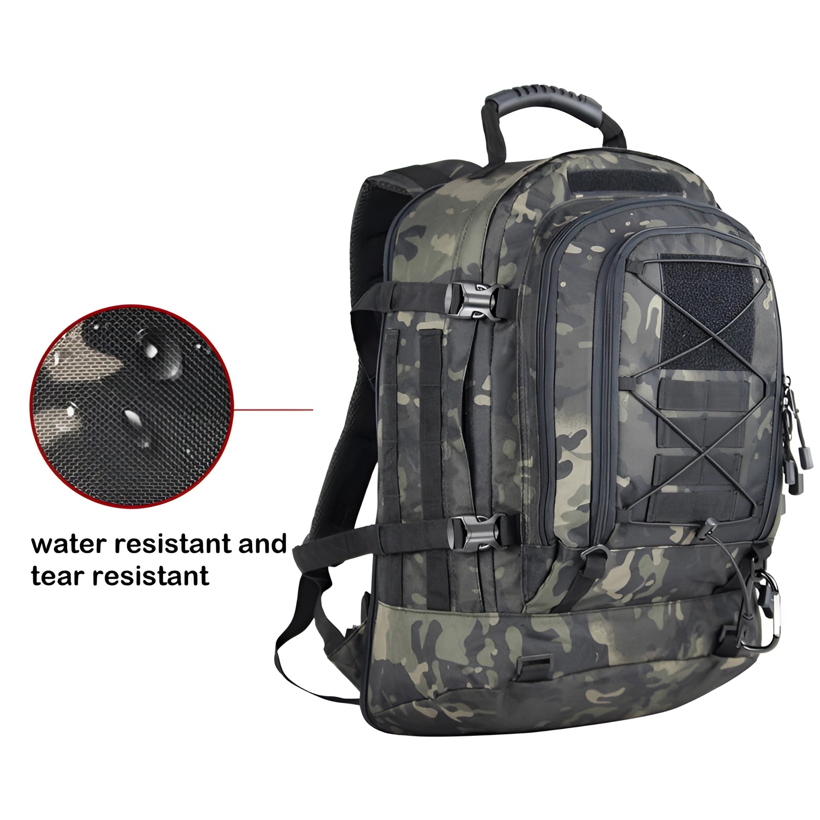 Camouflage military-grade tactical backpack with MOLLE attachments, water-resistant material, and hydration-ready feature.