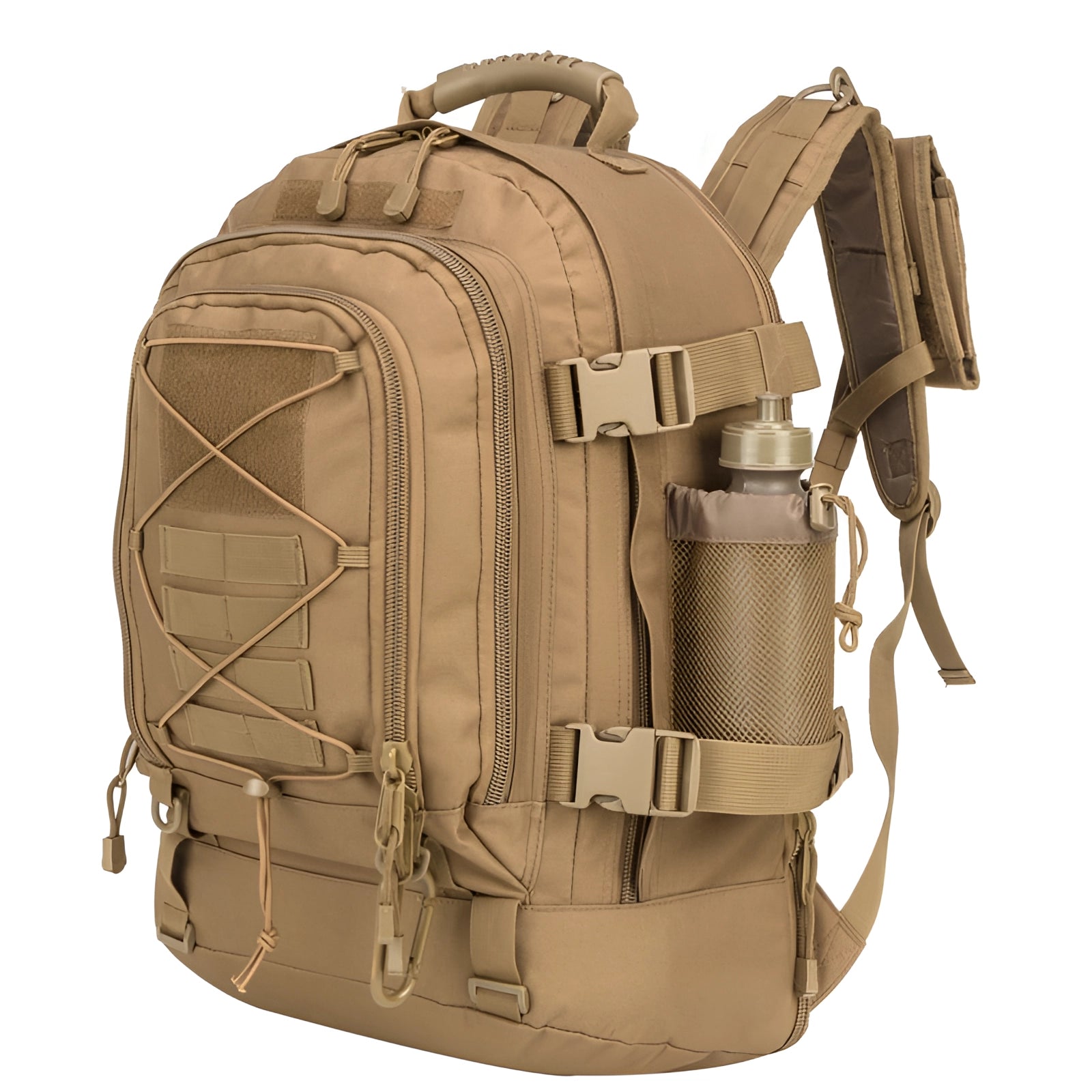 Brown camouflage military-grade tactical backpack with water-resistant material, MOLLE webbing, and hydration-ready features.