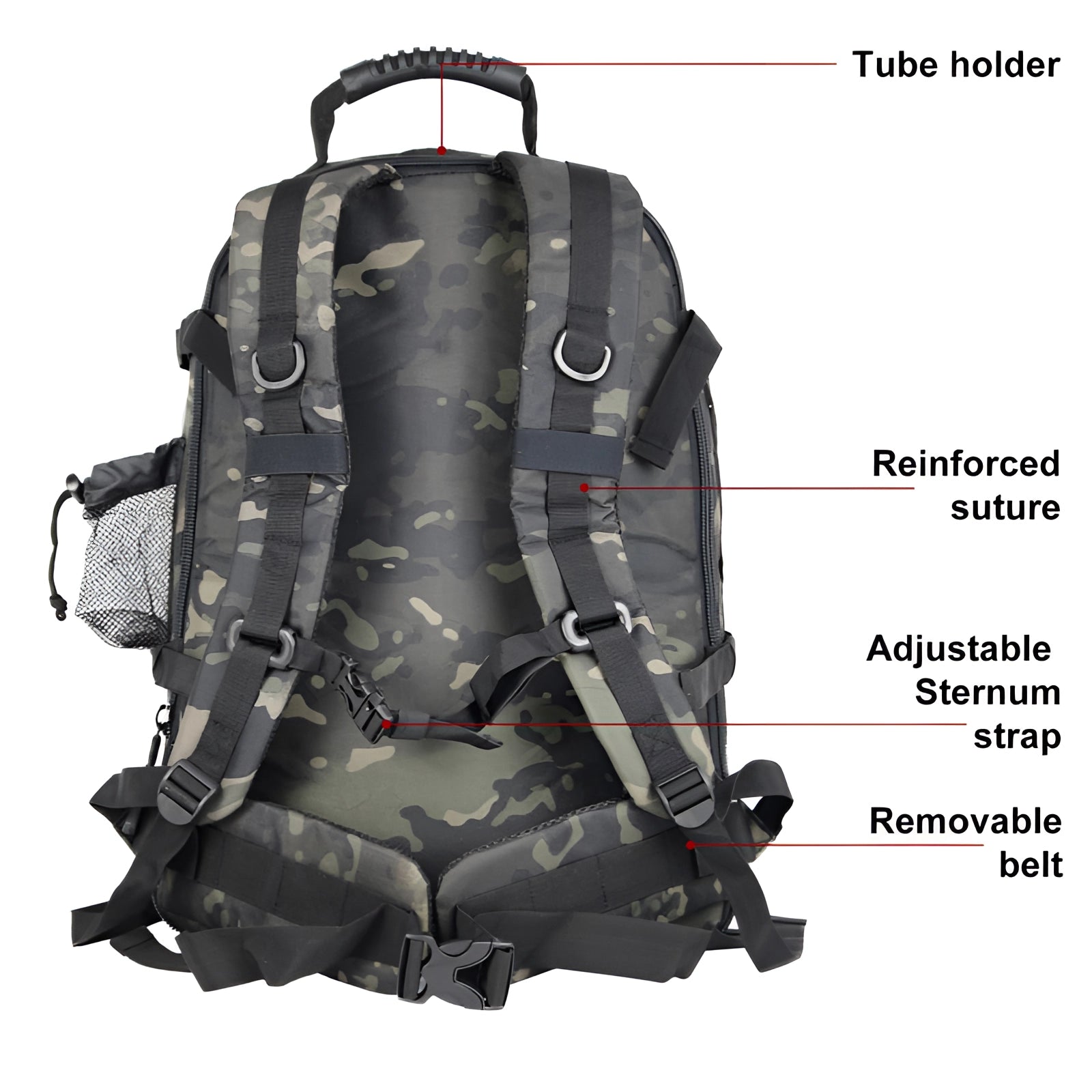 Camouflage military-grade tactical backpack featuring water-resistant material, MOLLE webbing, and hydration-ready design.