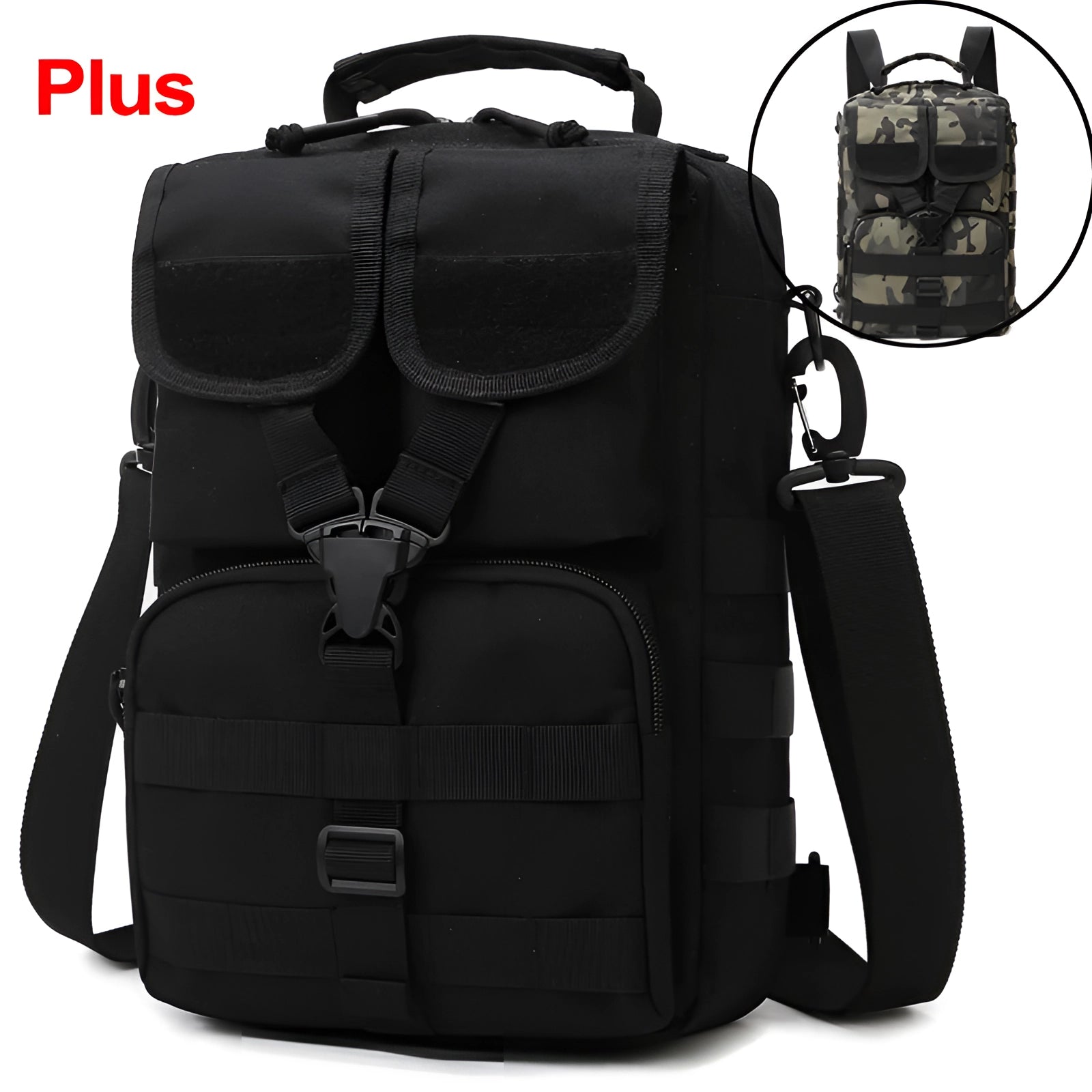 Camouflage military tactical backpack in black, featuring multiple pockets and a waterproof design suitable for travel and outdoor activities.