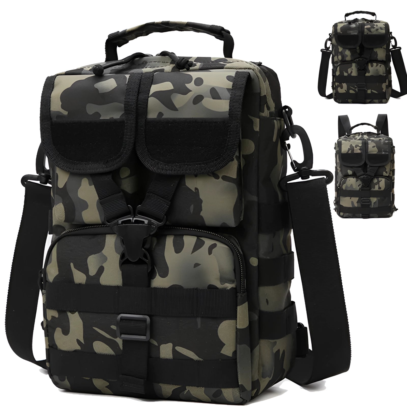 Camouflage Military Tactical Backpack featuring a waterproof design with multiple pockets, ideal for travel and outdoor activities. The backpack showcases a camouflage pattern and is designed for durability and functionality.