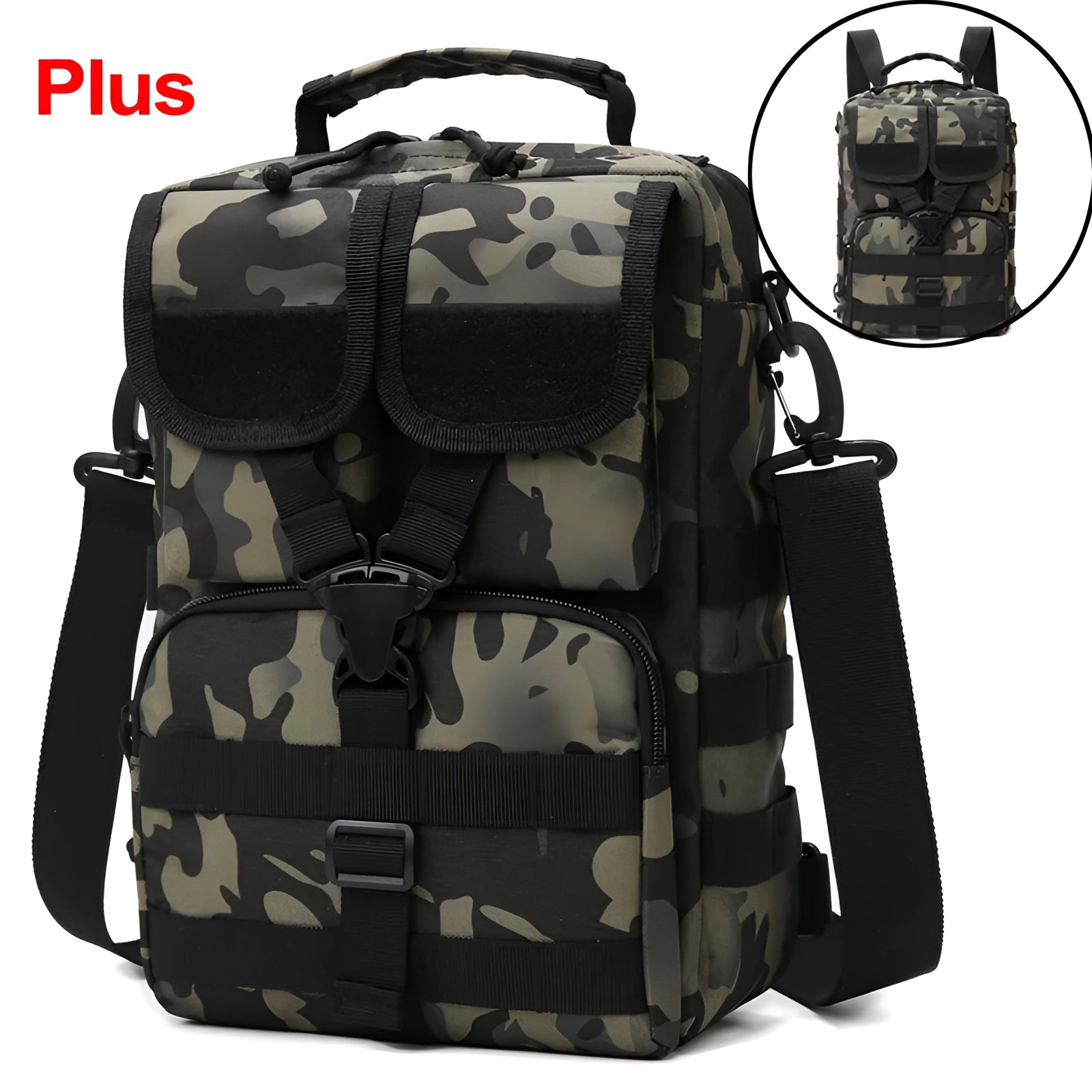 Camouflage military tactical backpack in black CP variant with multiple pockets, designed for waterproof protection, suitable for travel and outdoor activities.