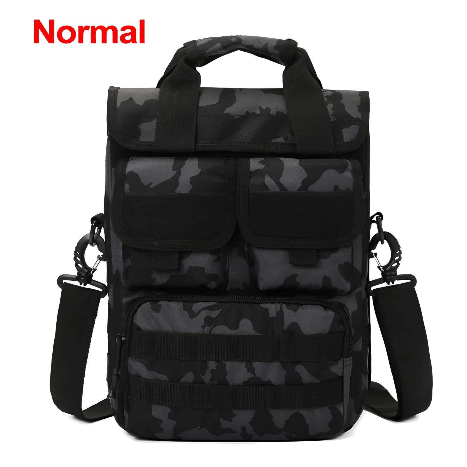 Camouflage military tactical backpack in normal black camo design featuring a waterproof material, multiple pockets, and a rectangular shape.