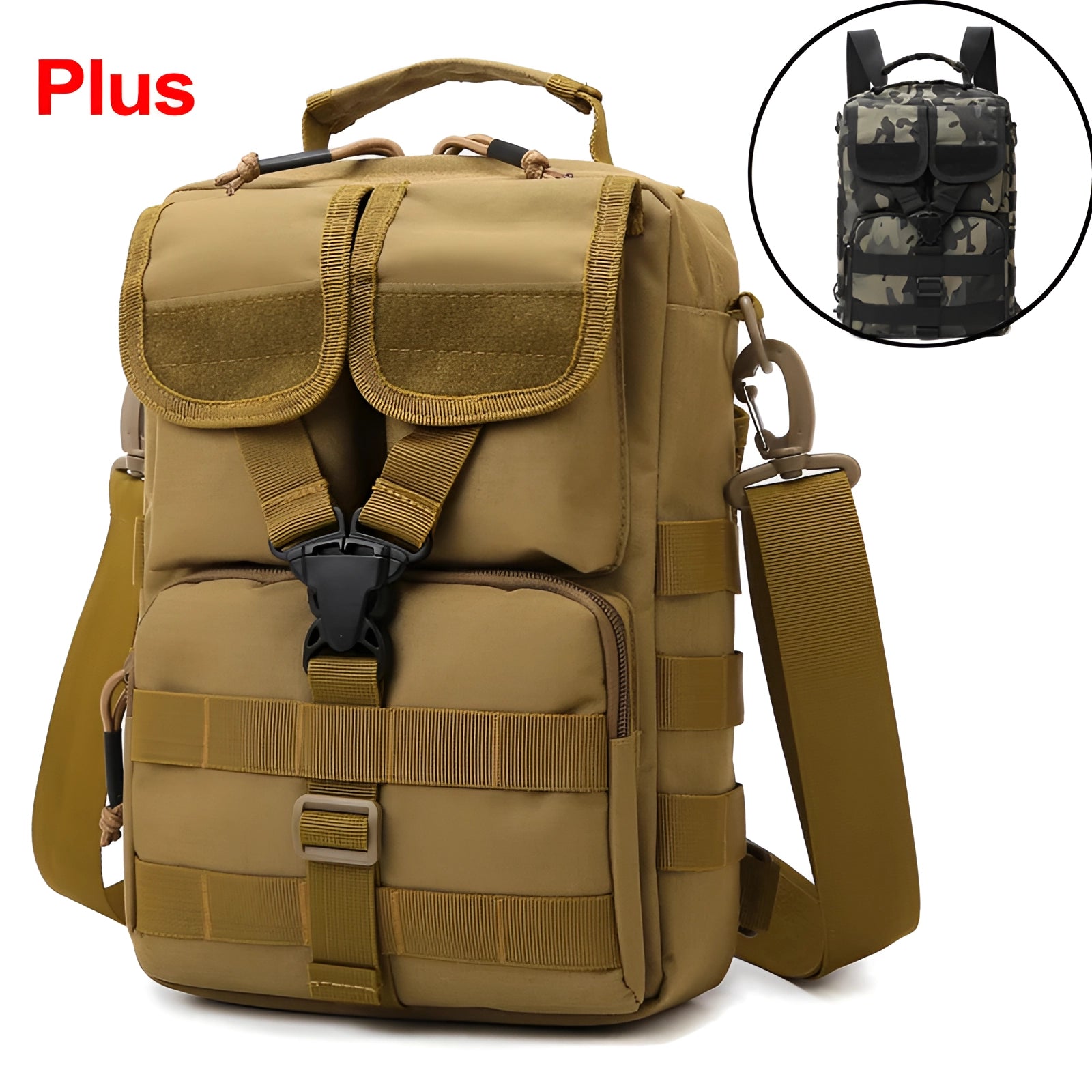 Camouflage military tactical backpack in plus khaki color, featuring a waterproof design with multiple pockets, suitable for travel and everyday use.