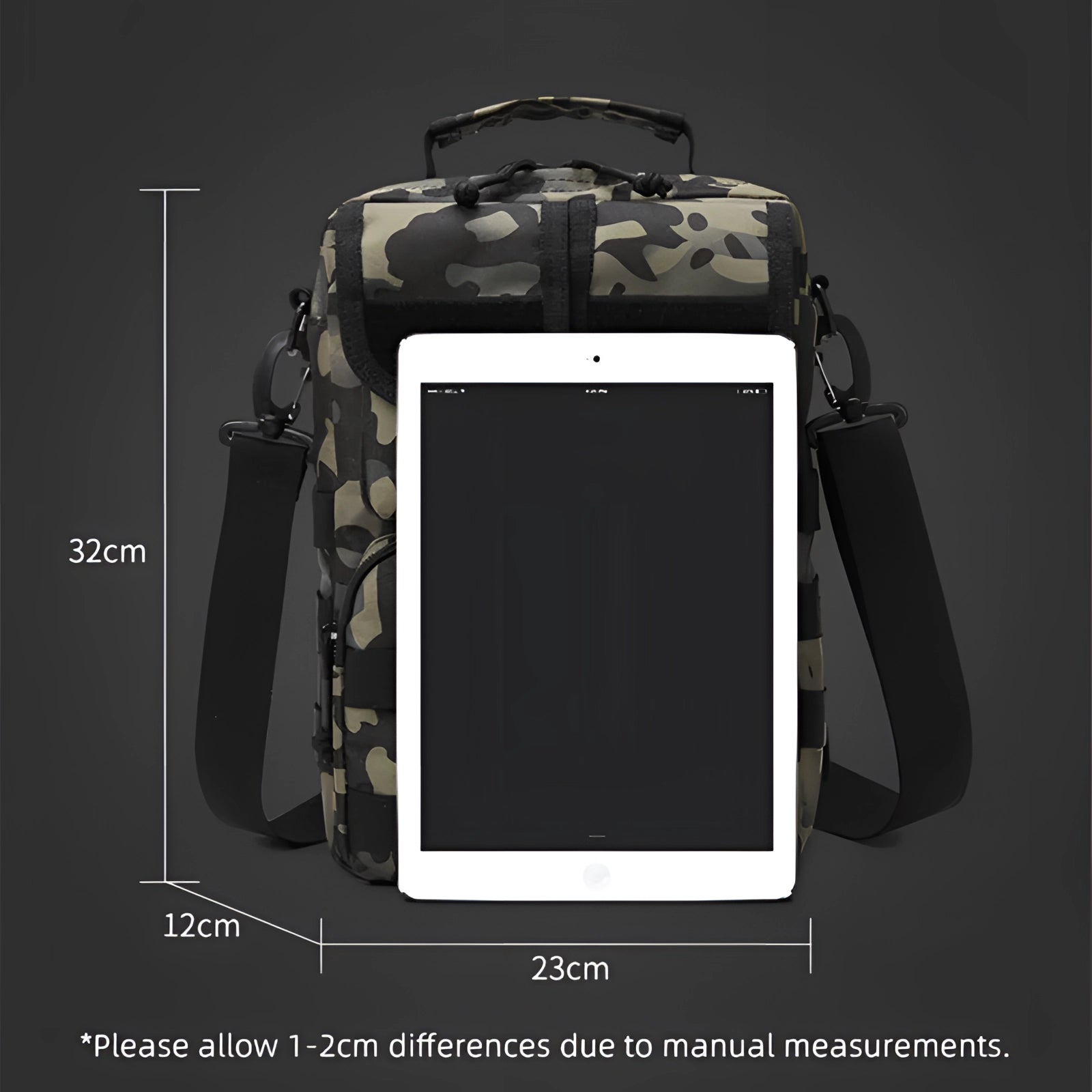 Camouflage military tactical backpack with waterproof material and multiple pockets, designed for rugged outdoor use and gear storage, displayed in an environment suggesting its suitability for carrying camera equipment.