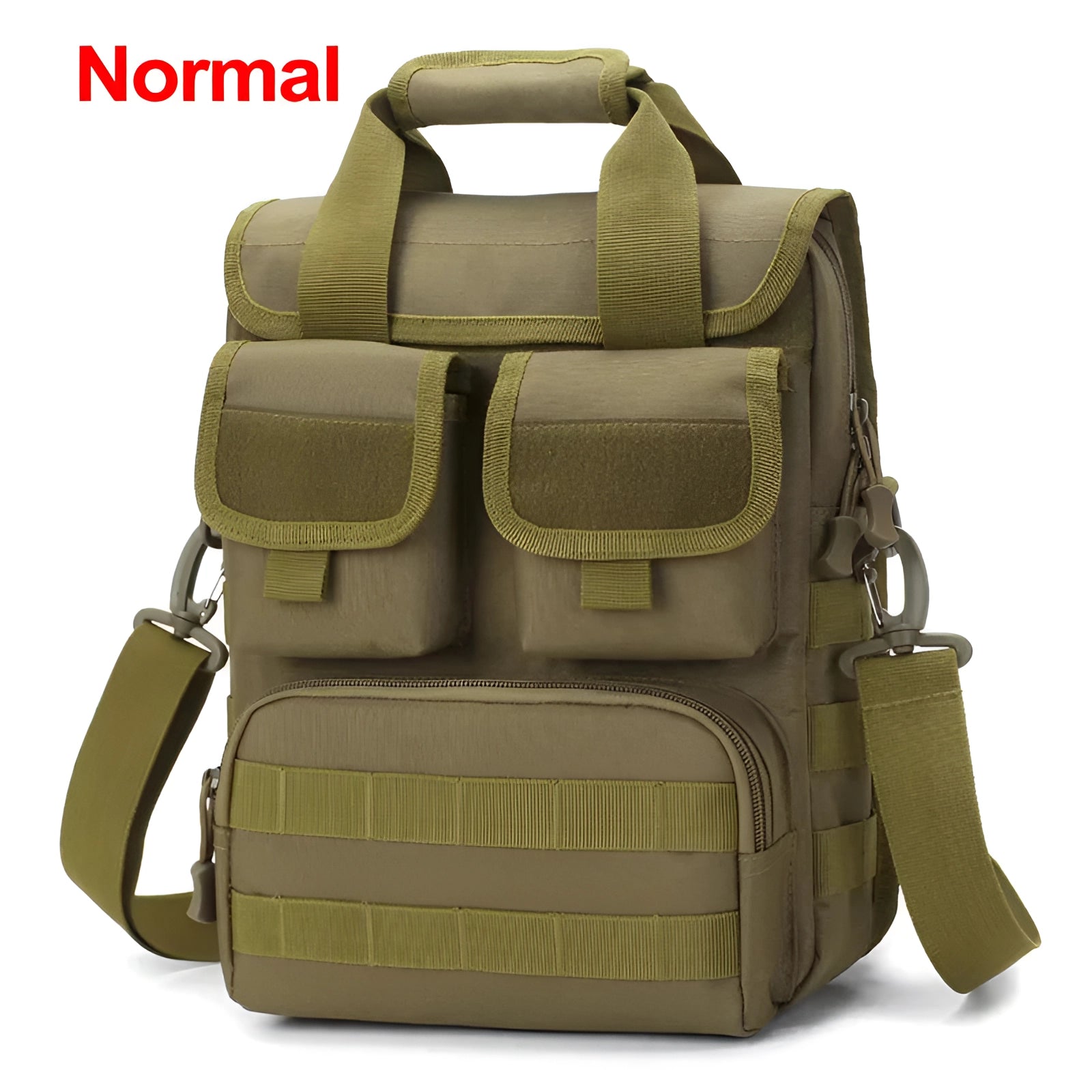 Camouflage military tactical backpack in normal khaki color, featuring multiple pockets, waterproof material, and a rectangular shape, designed for travel and outdoor events.