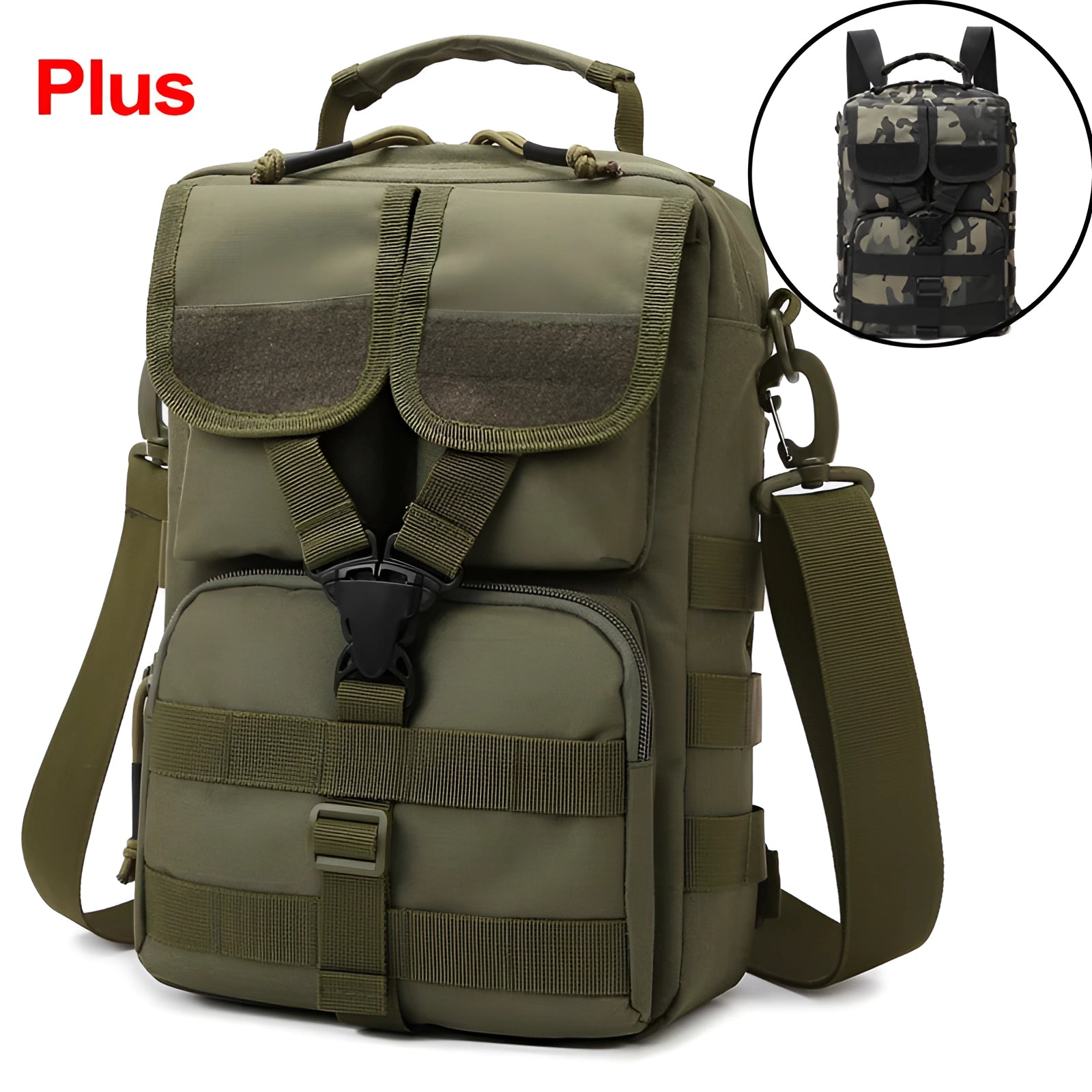 Camouflage military tactical backpack in a green color with multiple pockets, designed for travel and outdoor use, featuring a rectangular shape and waterproof material.