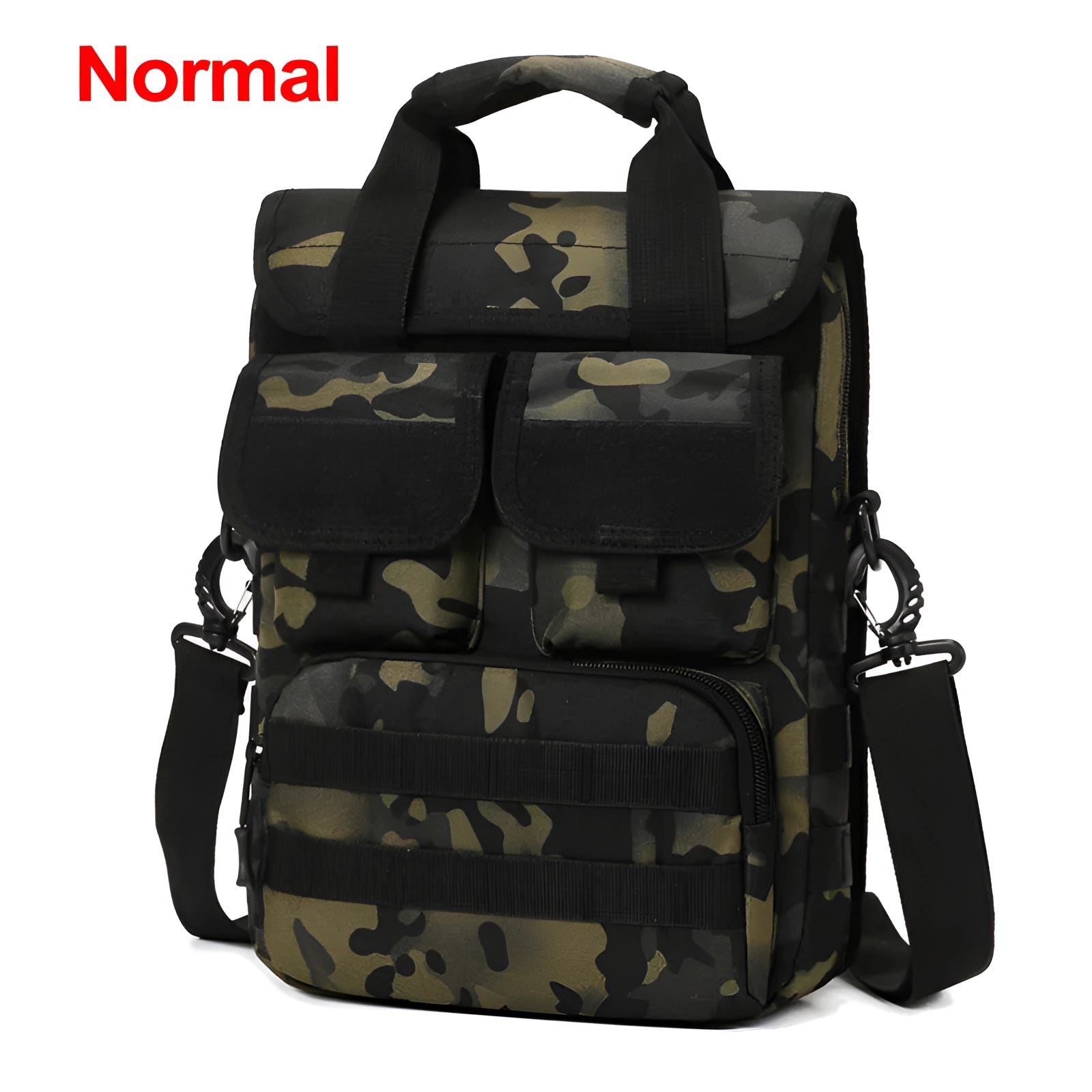 Black camouflage military tactical backpack with multiple pockets and straps, designed for travel and outdoor use.