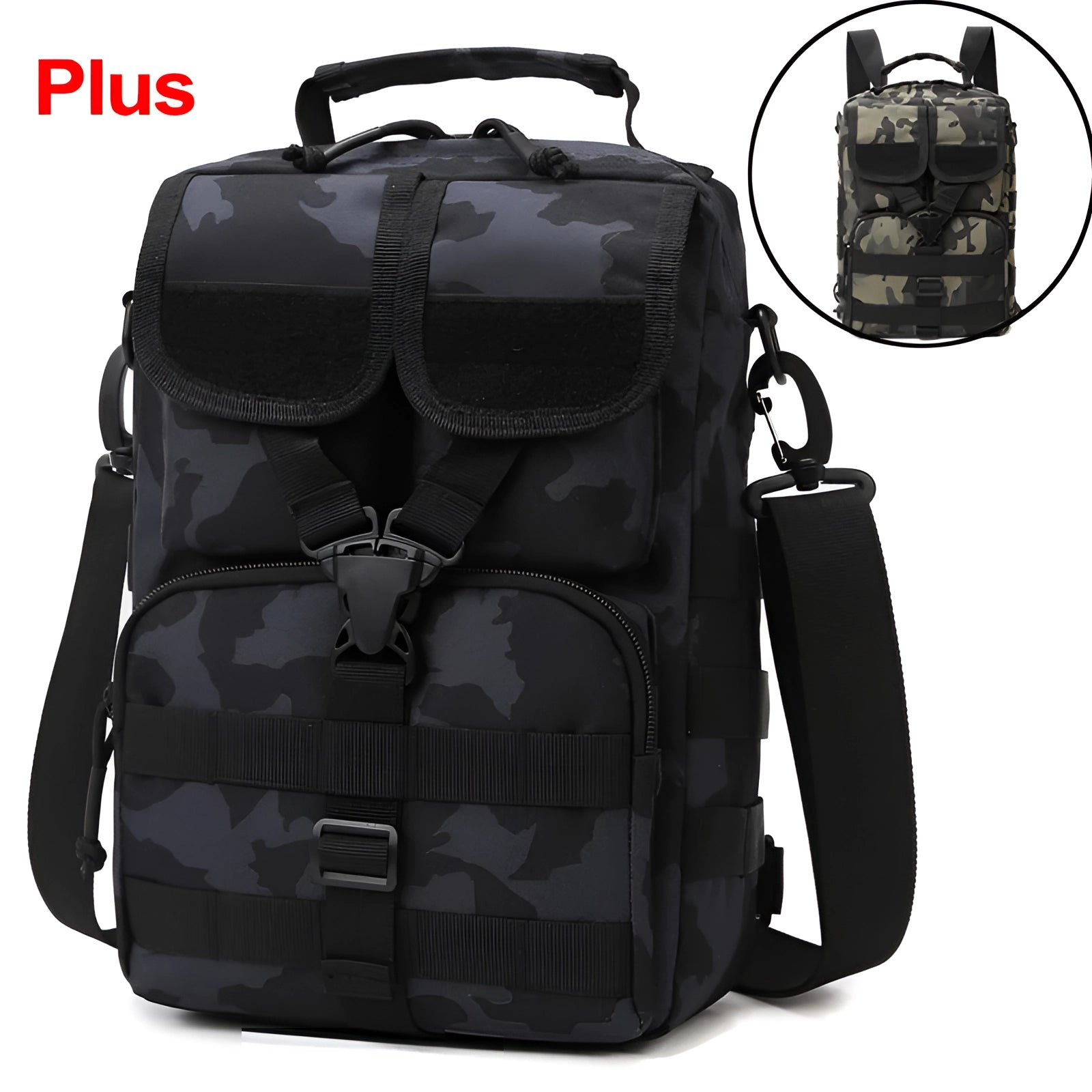 Camouflage military tactical backpack in black camo design with multiple pockets, suitable for travel and outdoor activities.