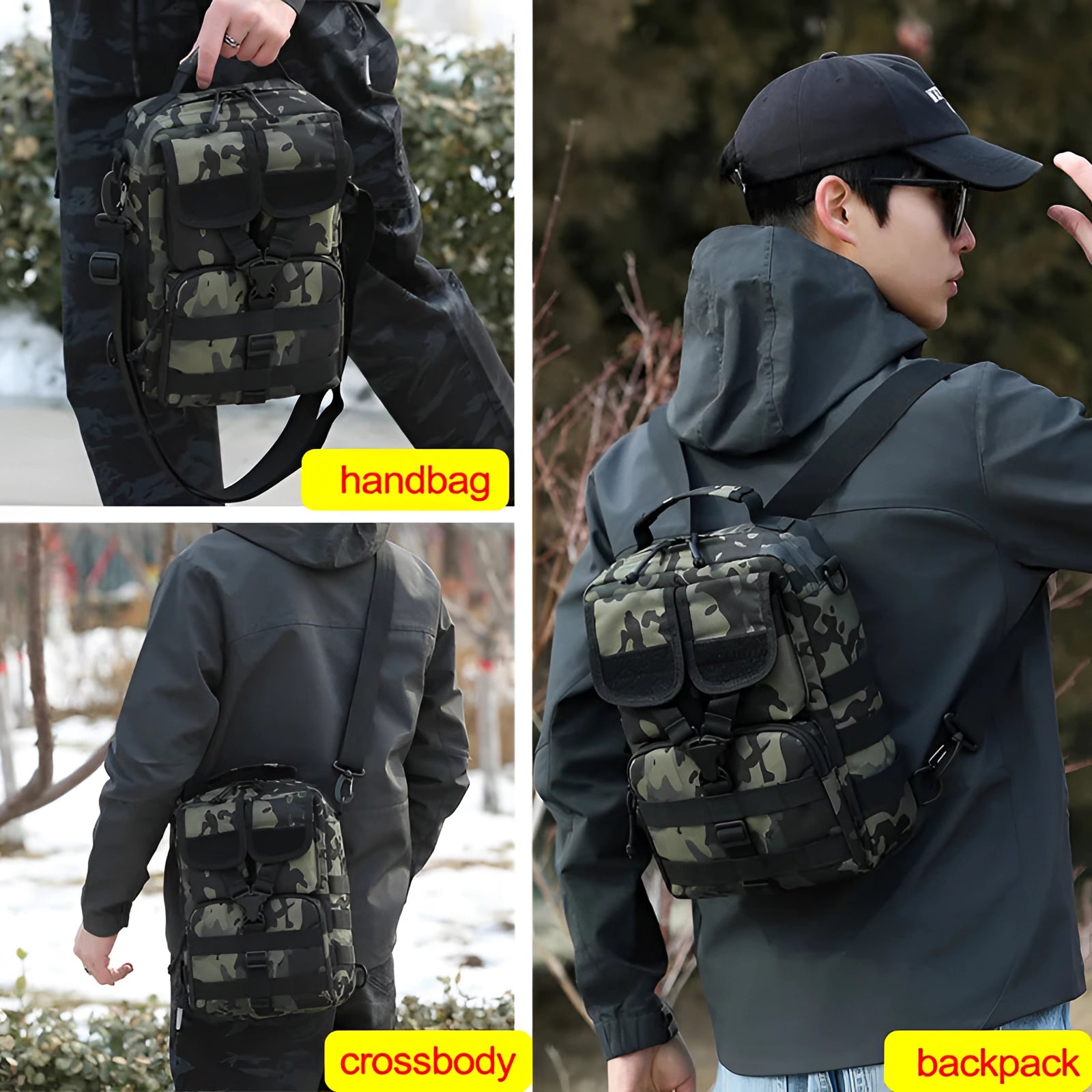 Camouflage military tactical backpack displayed on a person wearing a military uniform, showcasing its waterproof design and multiple pockets.