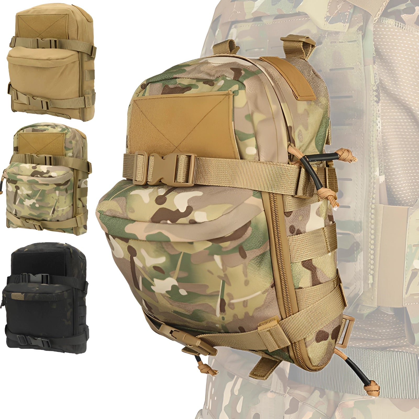 Camouflage tactical backpack with MOLLE system, featuring a military-style camouflage pattern, water-resistant material, and multiple compartments, suitable for outdoor use.