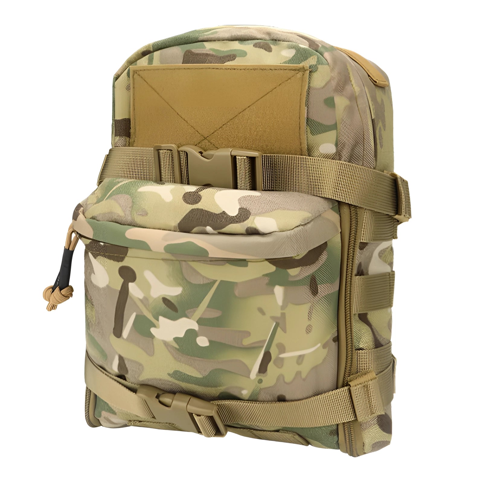 Camouflage tactical backpack featuring a CP pattern with shades of brown, khaki, and beige, designed for military use with a MOLLE system and water-resistant material.