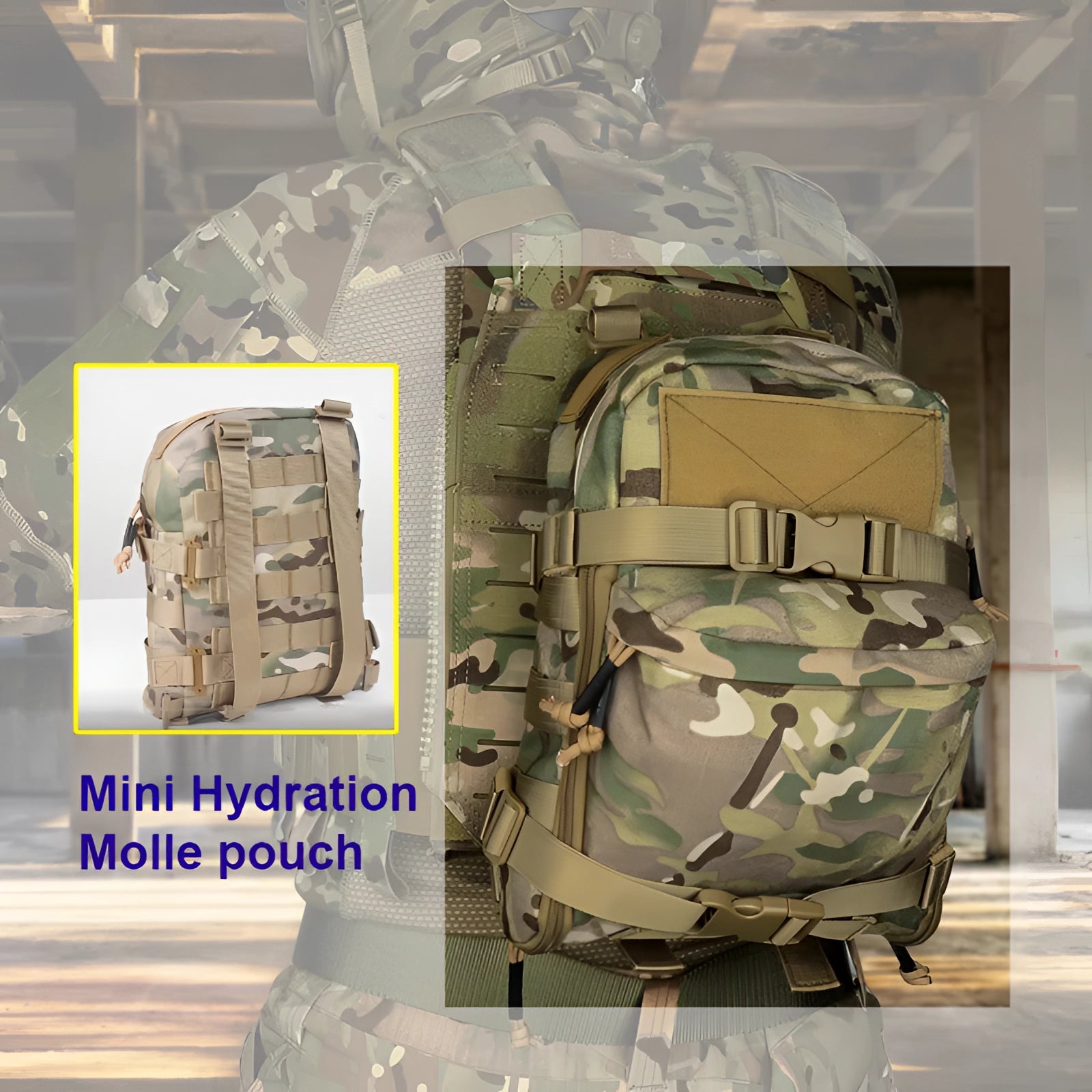 Camouflage tactical backpack featuring a military-style design with Molle webbing, suitable for outdoor activities and military use.