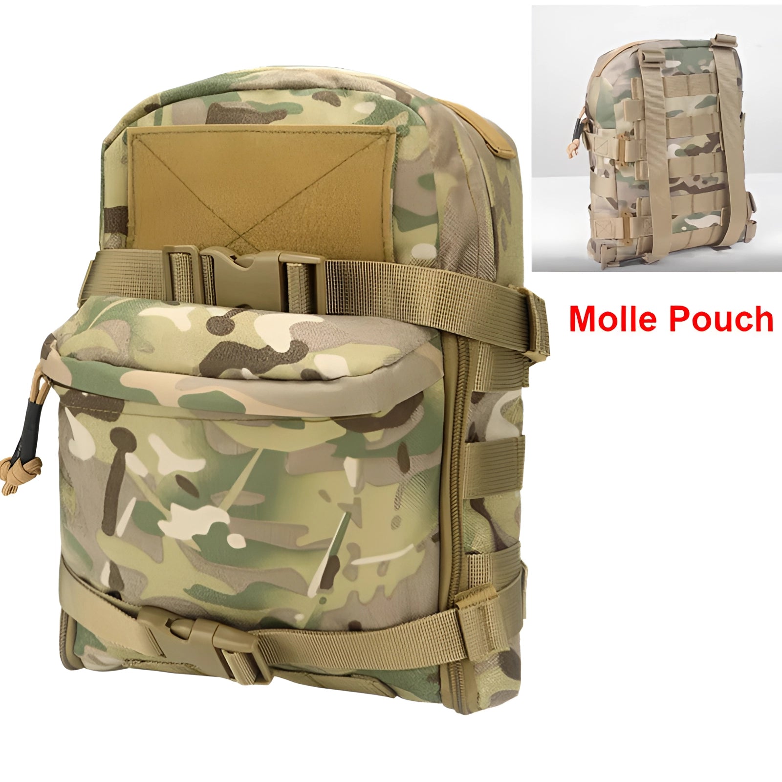 Camouflage tactical backpack featuring a military-style camouflage pattern in shades of brown, khaki, and beige. The water-resistant daypack includes multiple compartments and a Molle system for additional attachments, suitable for outdoor activities or military use.