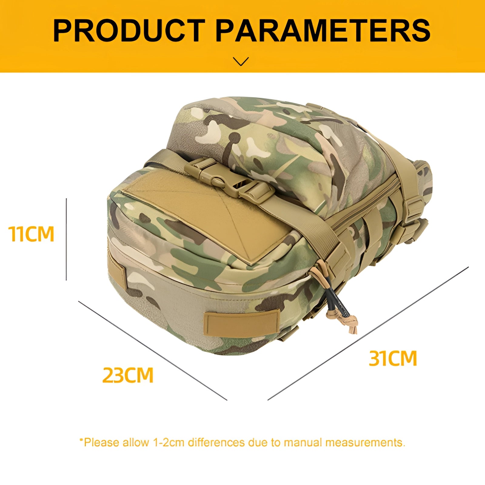 Camouflage tactical backpack placed on the hood of a car, showcasing its military design, Molle webbing, and water-resistant fabric.