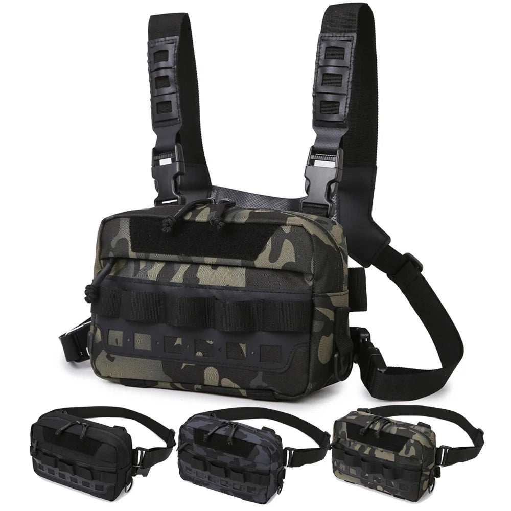 Camouflage tactical chest rig molle harness with adjustable straps, designed for military use, featuring multiple compartments for carrying gear and accessories.