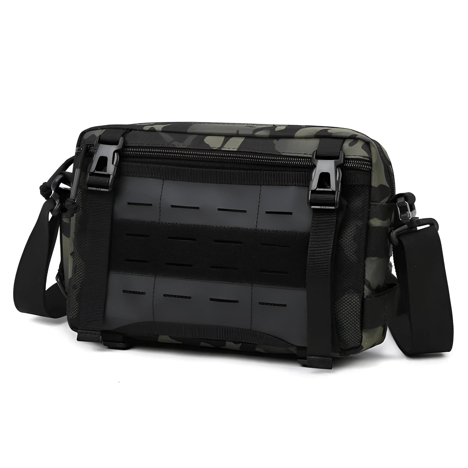 Camouflage Tactical Crossbody Bag in Black CP variant, featuring a durable and water-resistant material with a MOLLE design, suitable for carrying essentials in an organized manner.