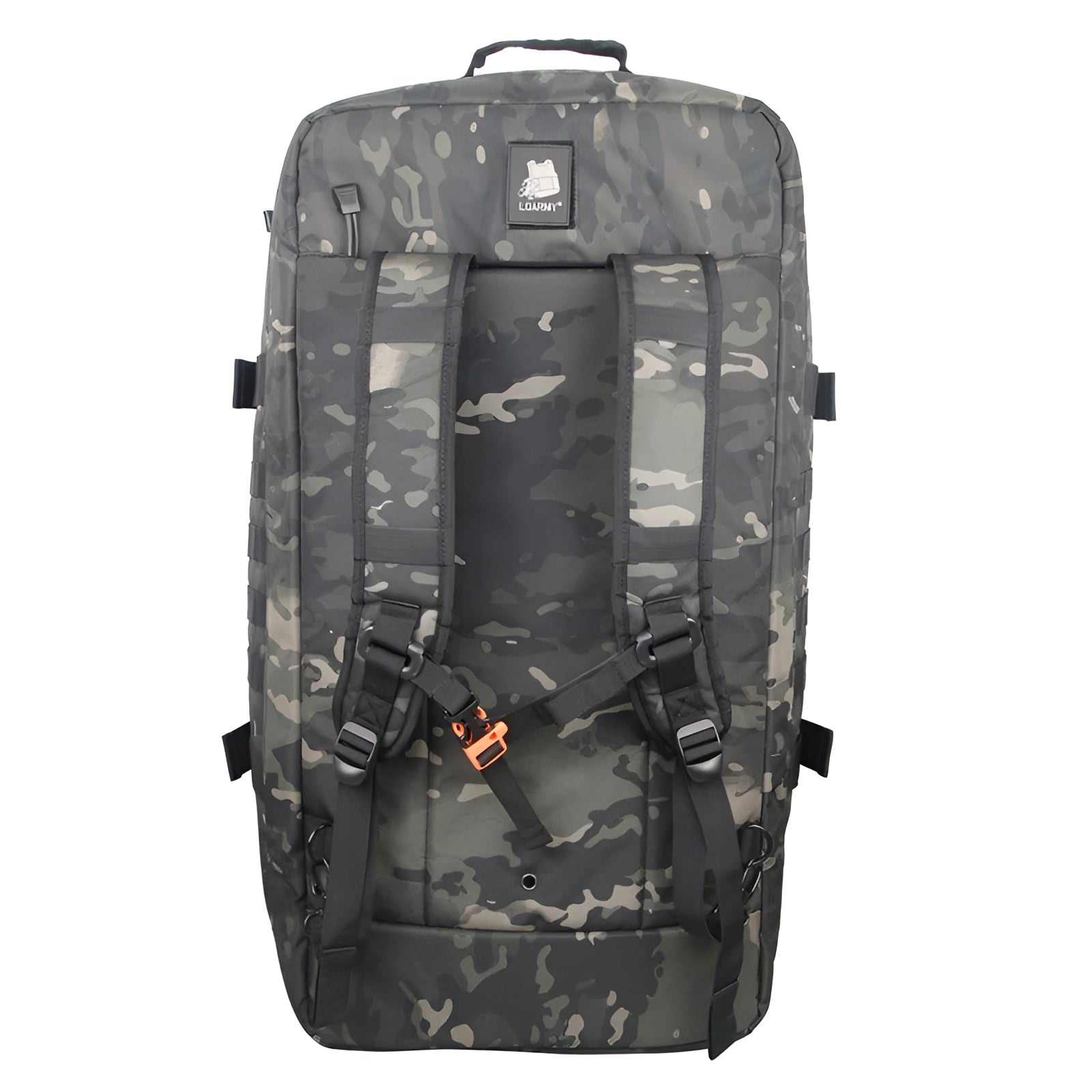 Camouflage tactical duffel bag with multiple pockets, designed for heavy-duty military use, displayed on a surface with automotive tires in the background.