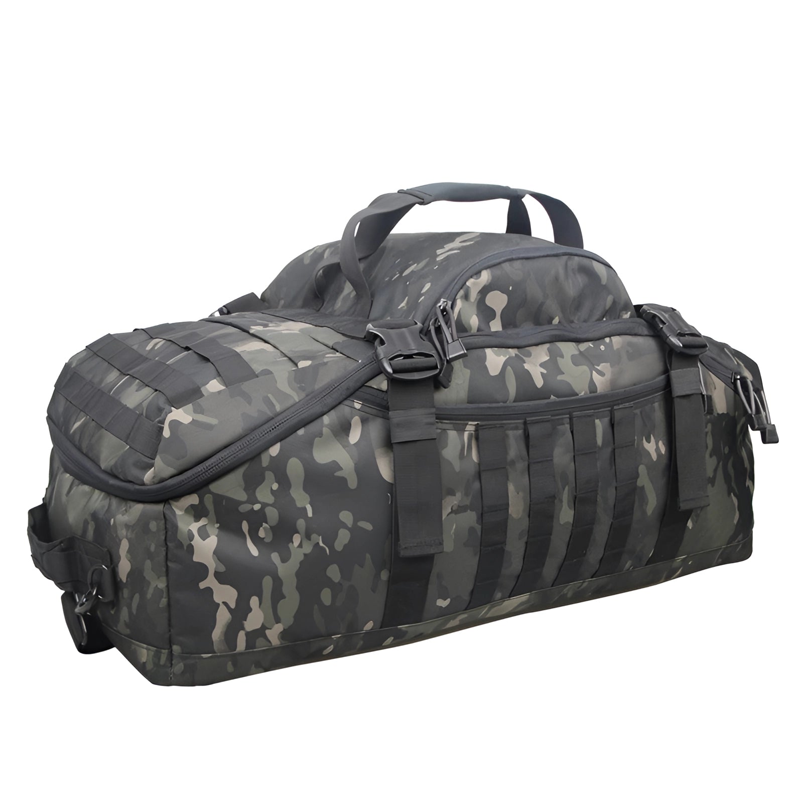 Camouflage tactical duffel bag with heavy-duty military design and multiple pockets, featuring a durable fabric and metal accents.