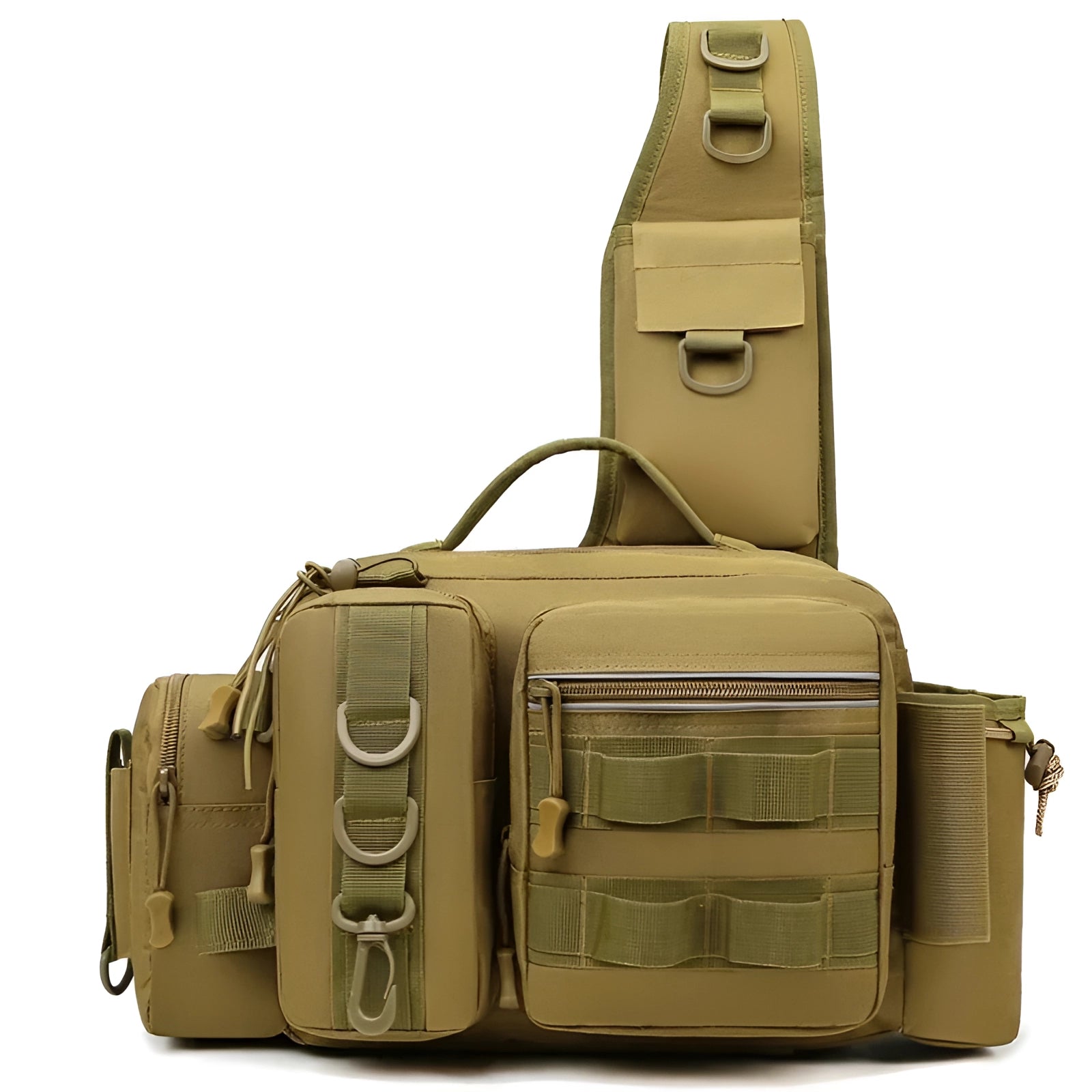 Camouflage tactical fishing backpack in khaki, featuring multiple compartments and a rod holder, with a sturdy handle, ideal for travel and outdoor activities.